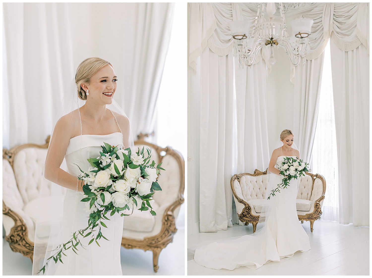 A bride laughs off into the distance in a white room.