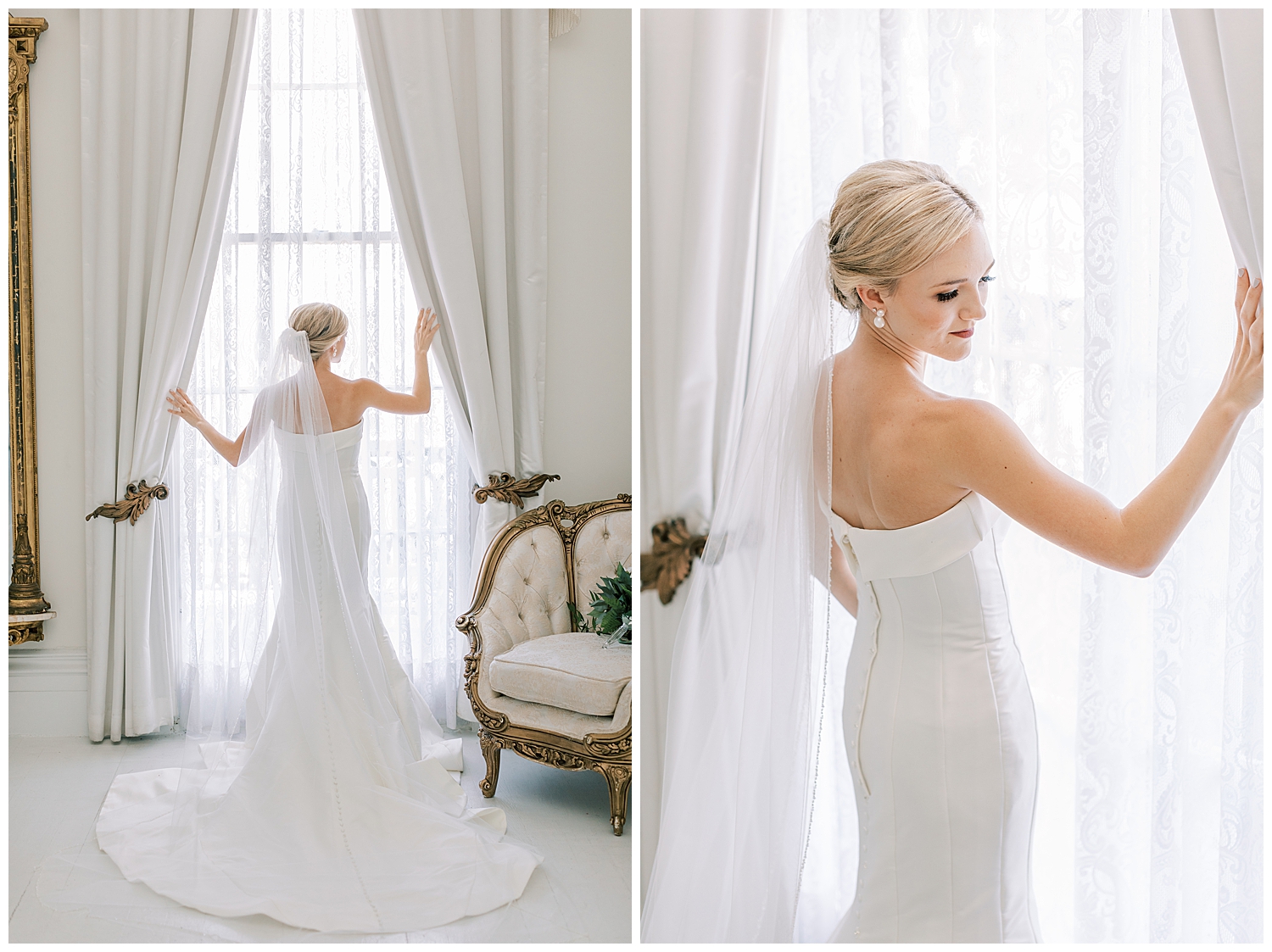 A bride looks over her shoulder in a white room.