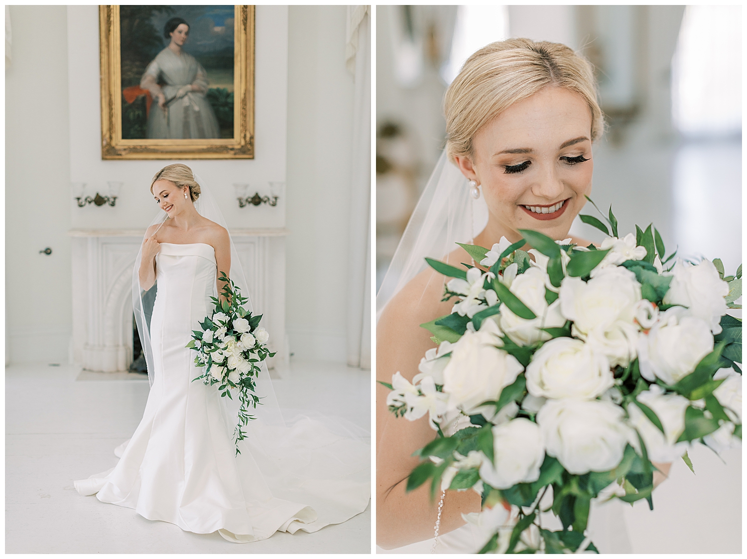 A bride looks down at her bouquet in a white room.