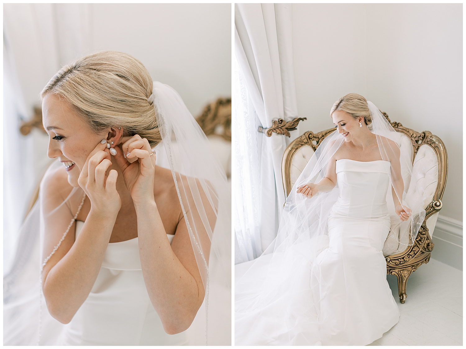A bride puts her earring in while sitting in a white room.