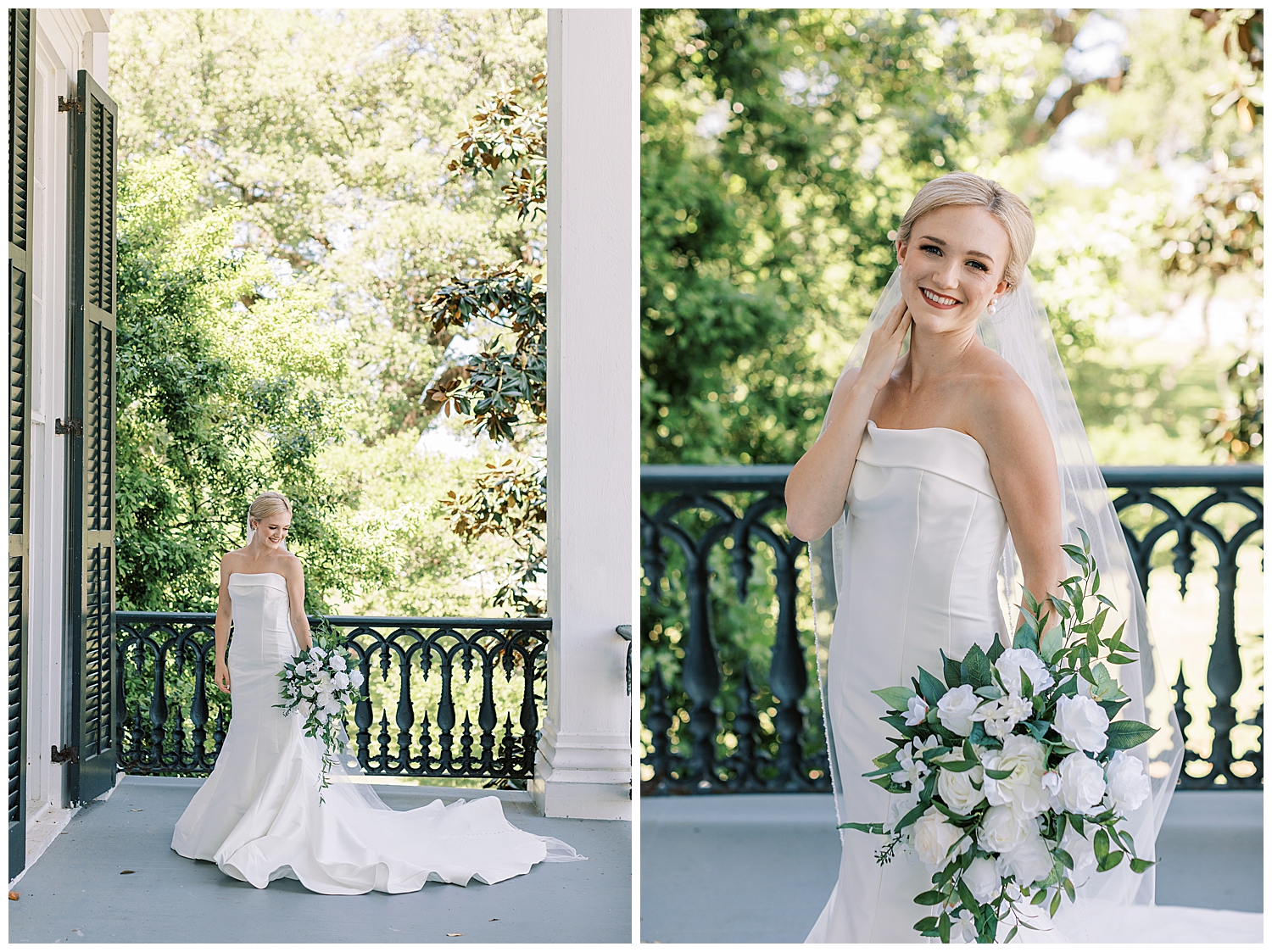A bride stands on the porch of Nottoway Plantation in Louisiana.