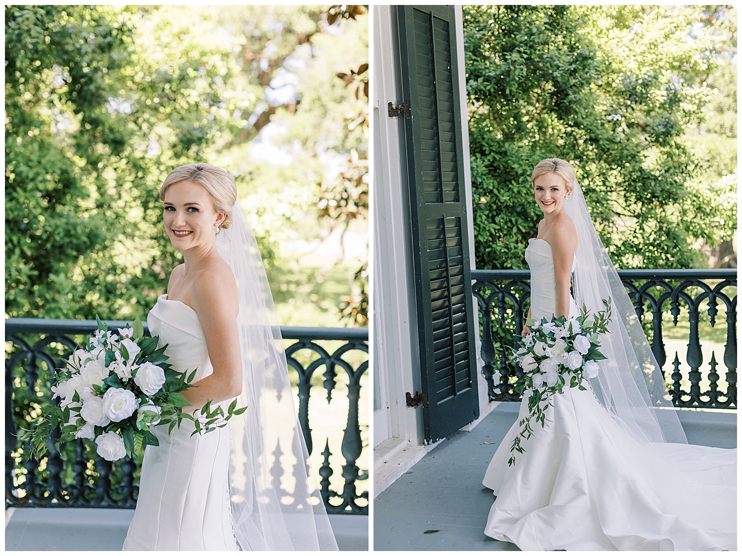 A bride smiles on the porch of Nottoway Plantation.