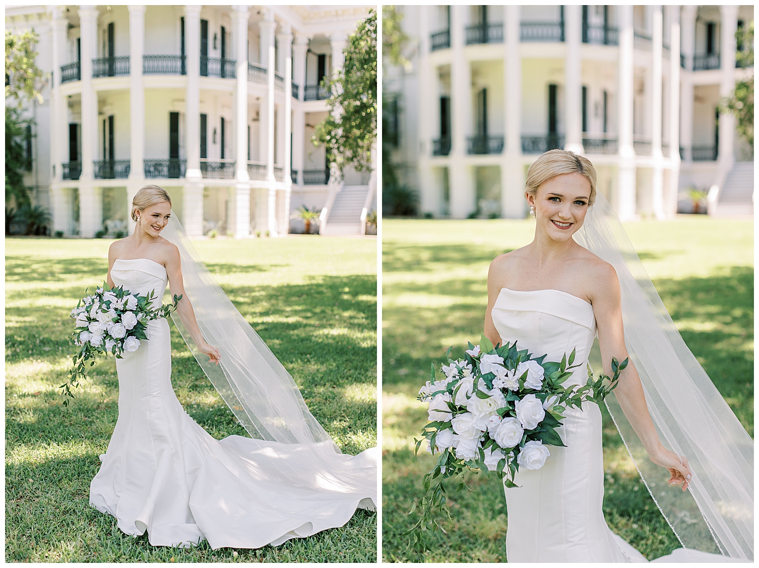 A bride stands in front of Nottoway Plantation.