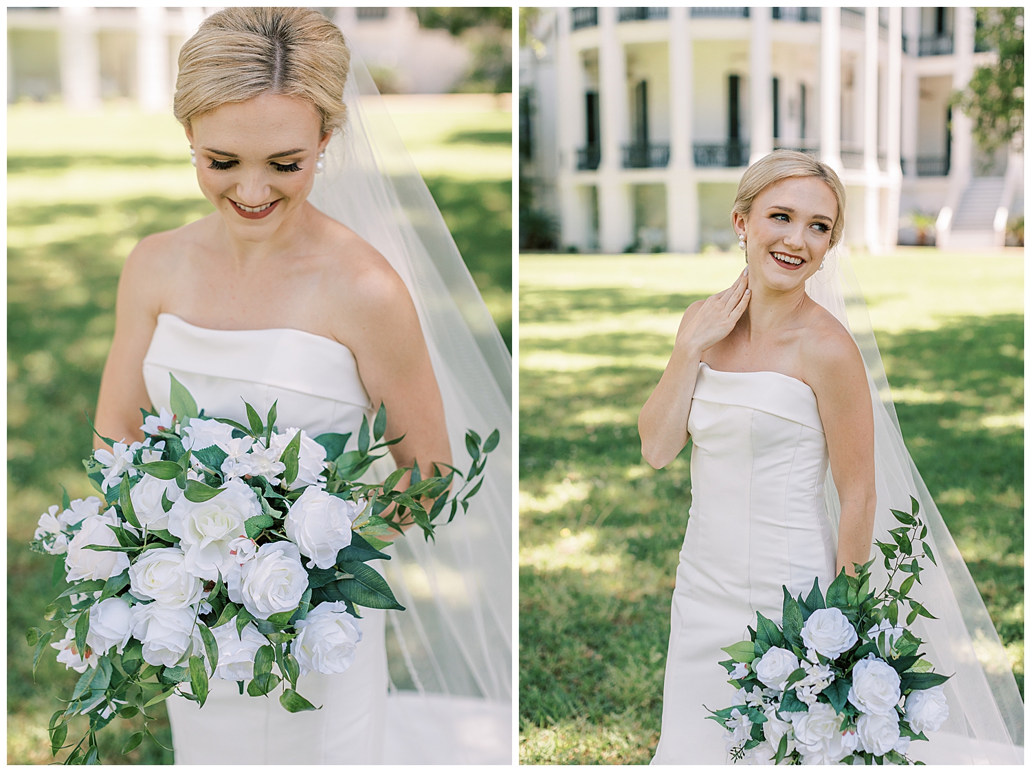 A bride holds her white and green faux floral bouquet in front of Nottoway Plantation.
