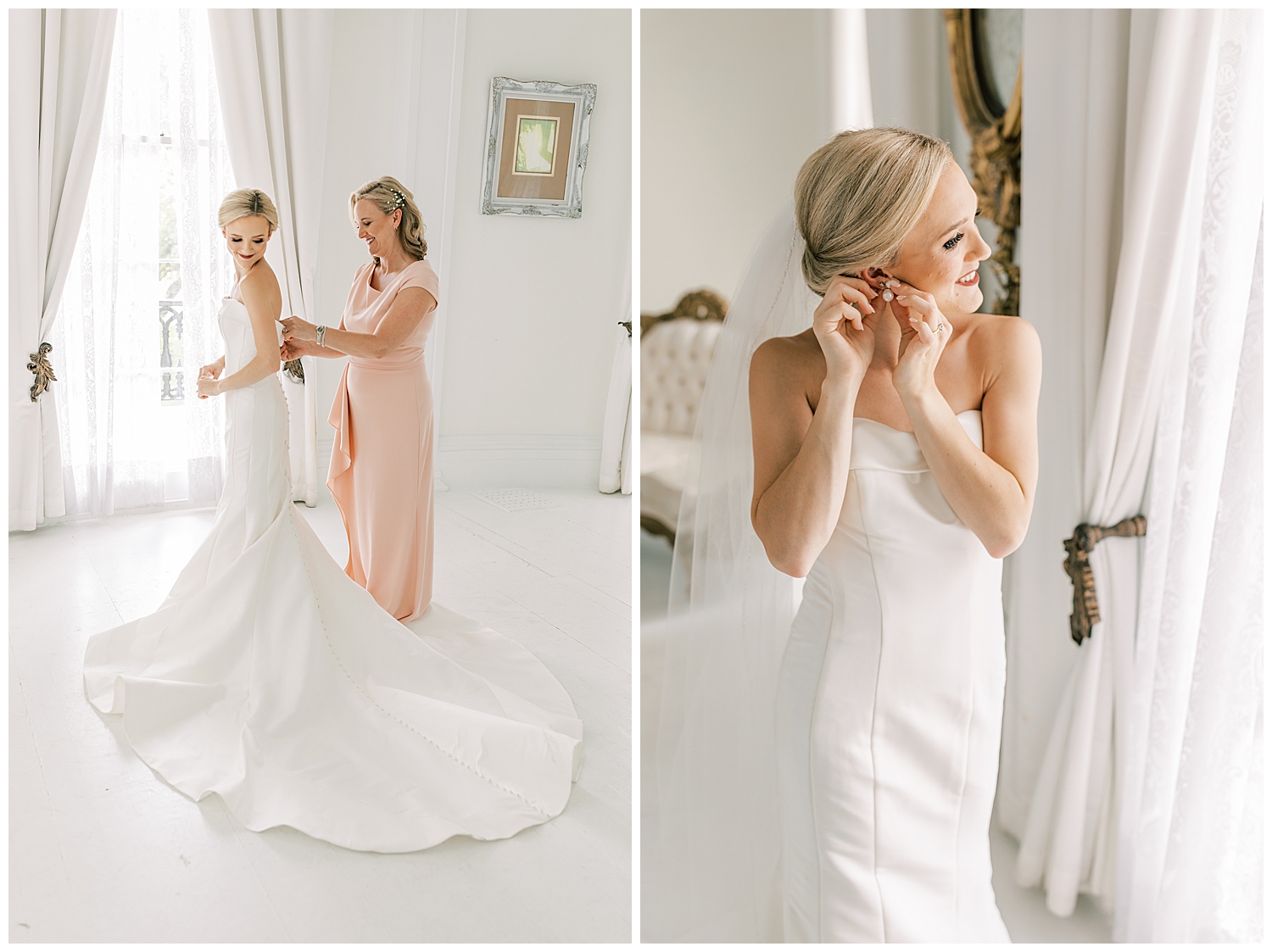 A bride gets ready in a white room.