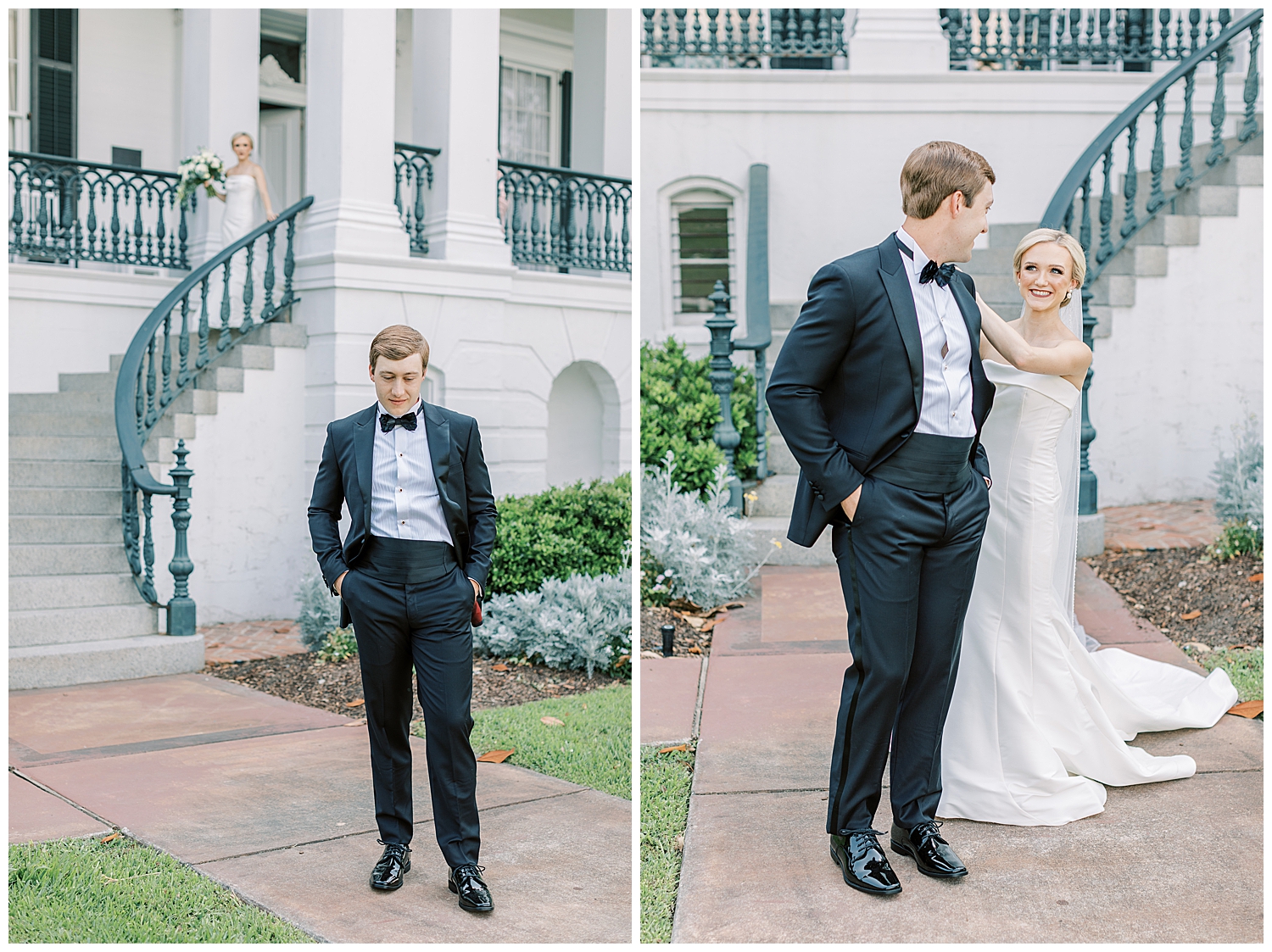 A bride and groom share a first look in front of Nottoway Plantation.