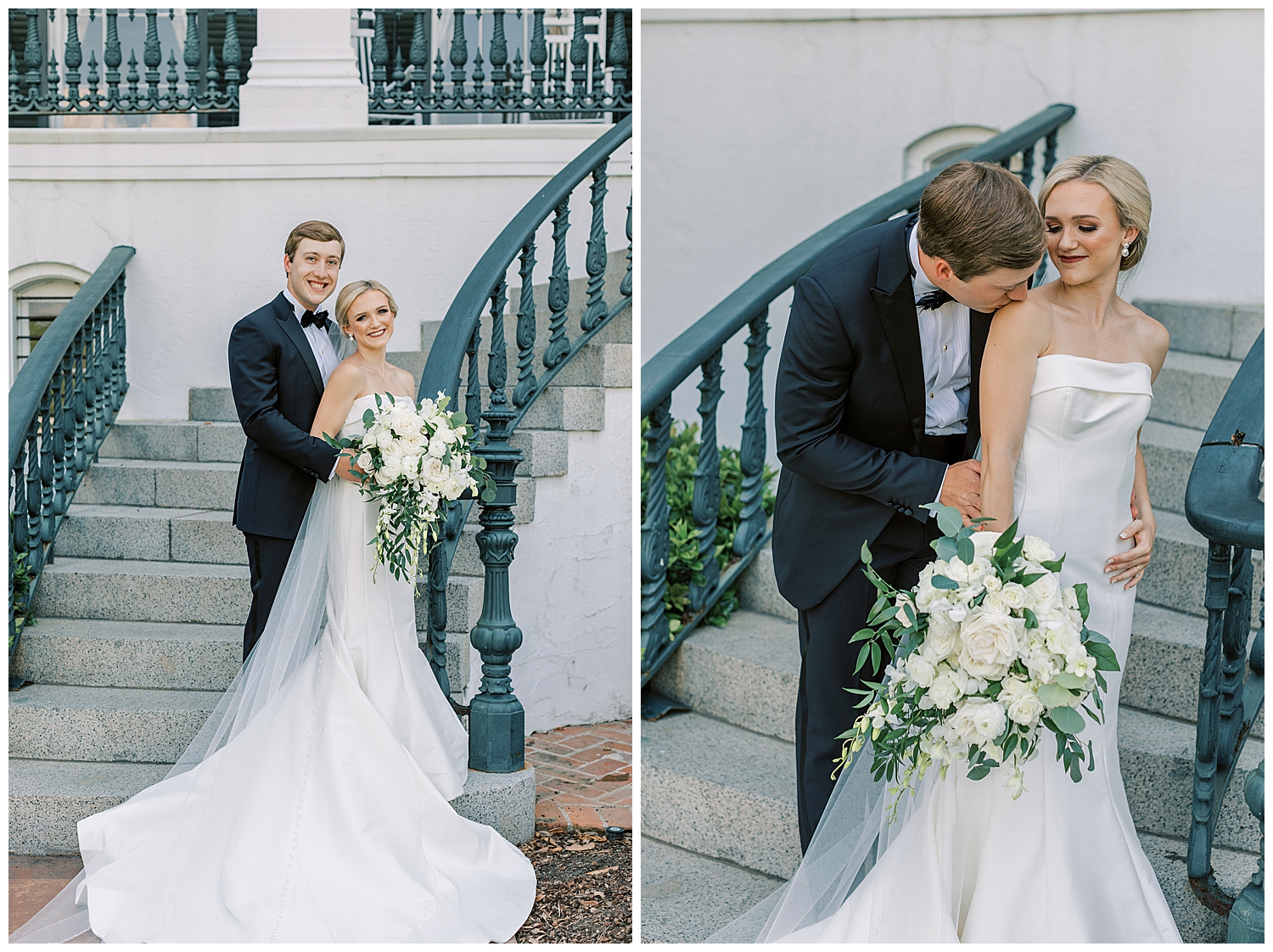 A groom kisses the bride on the shoulder on the steps of Nottoway Plantation.
