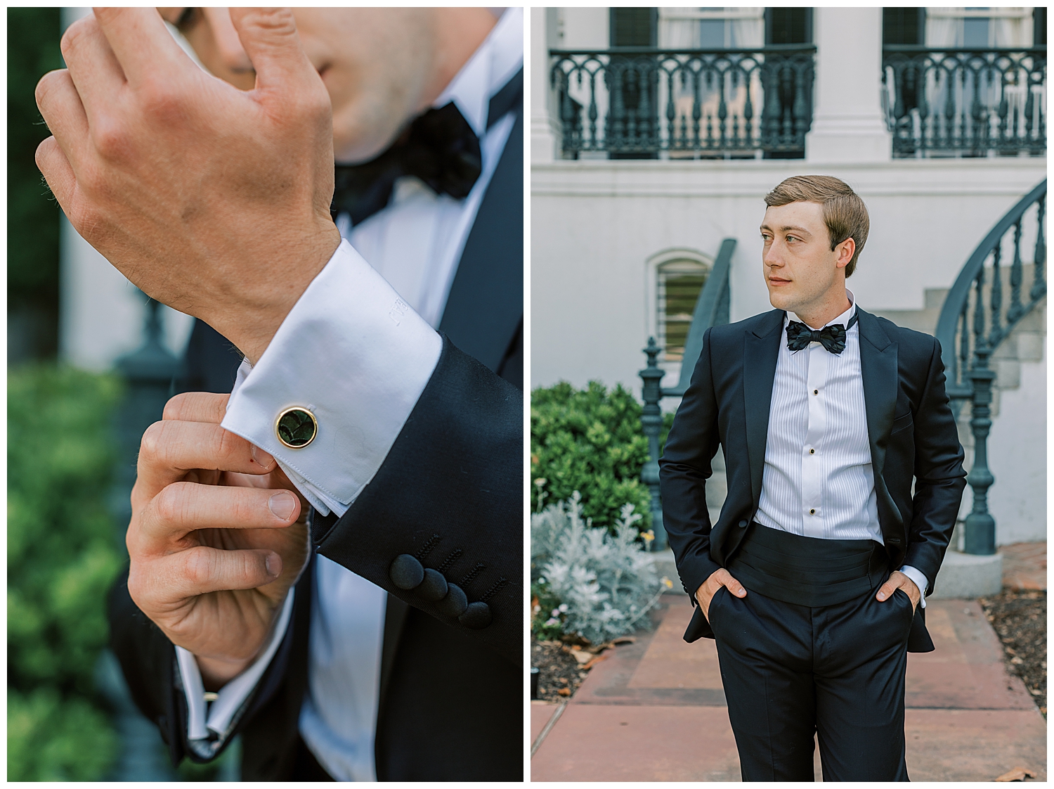 A classic groom walks in front of Nottoway Plantation.