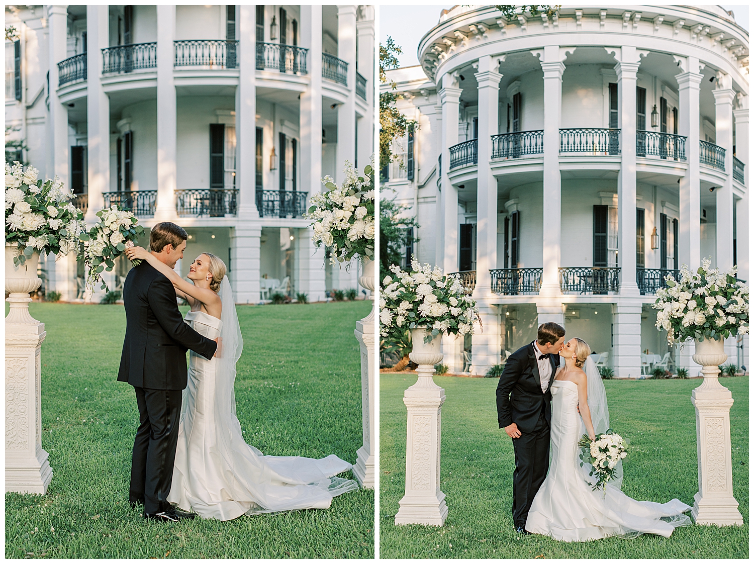 A husband and wife kiss in front of Nottoway Plantation.