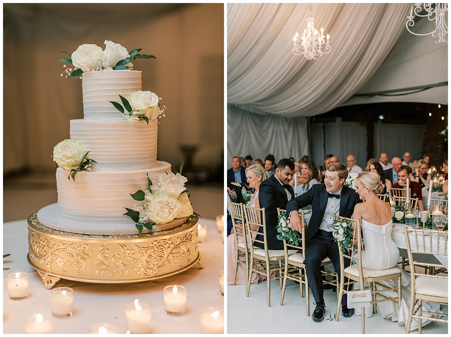 A wedding cake sits on a gold cake stand.