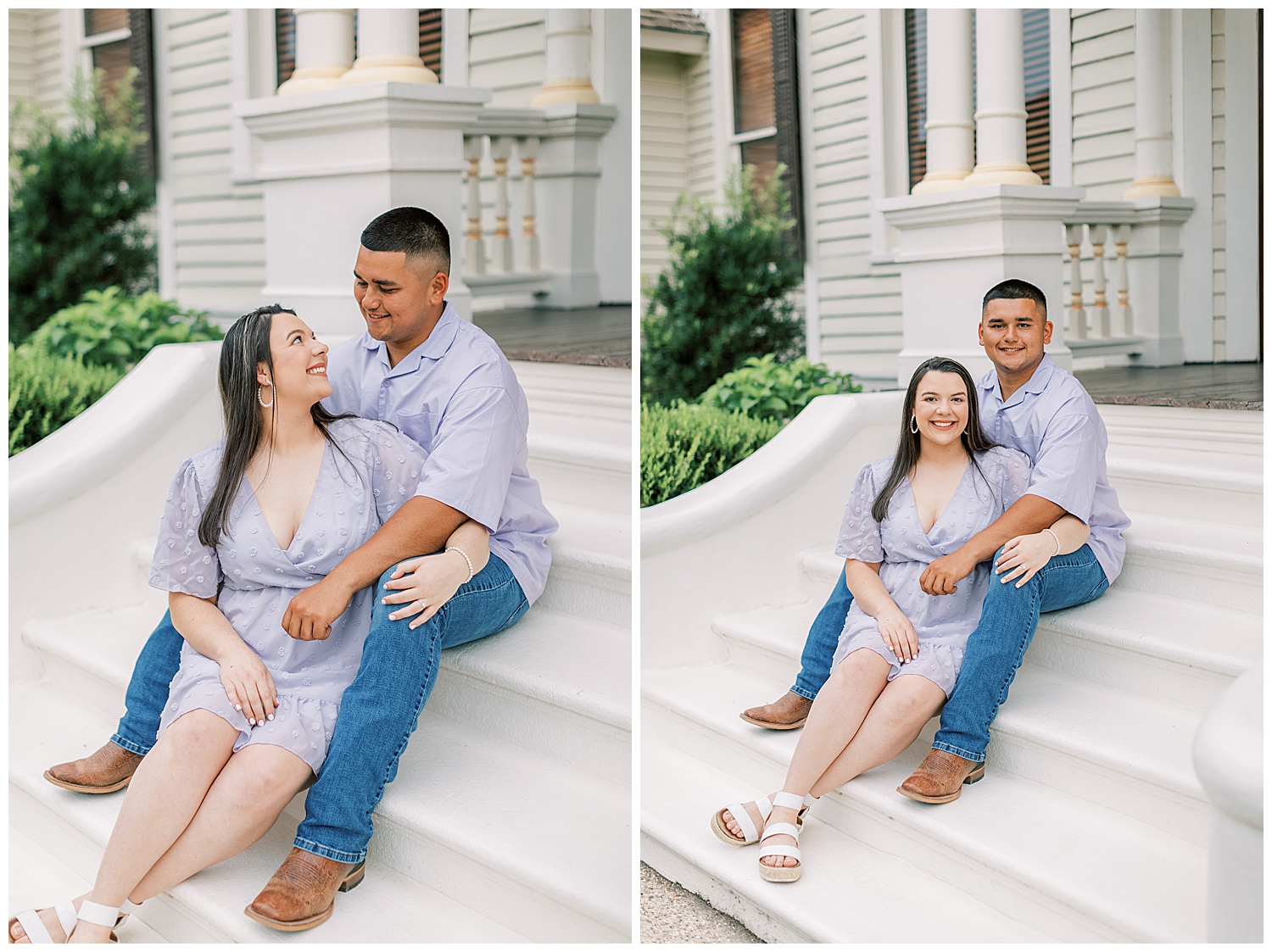 A couple sits on the steps at their engagement session in Hattiesburg.