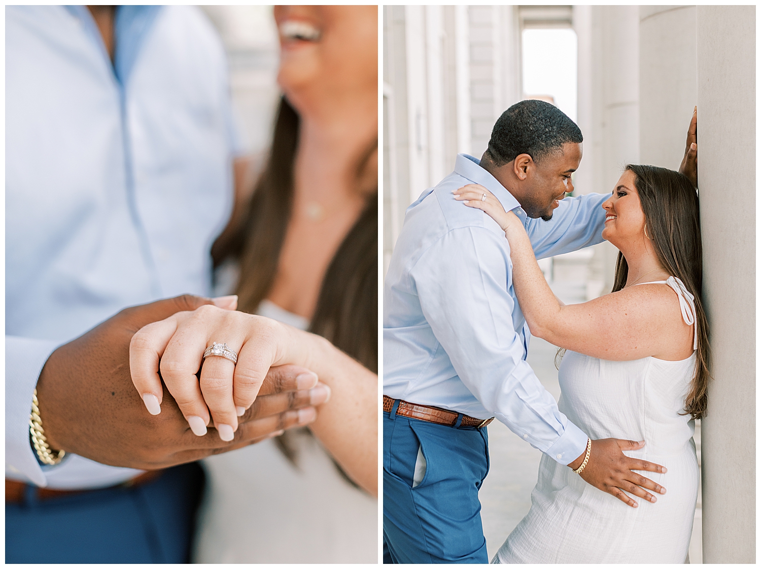 An engagement ring is shown by a joyful couple.
