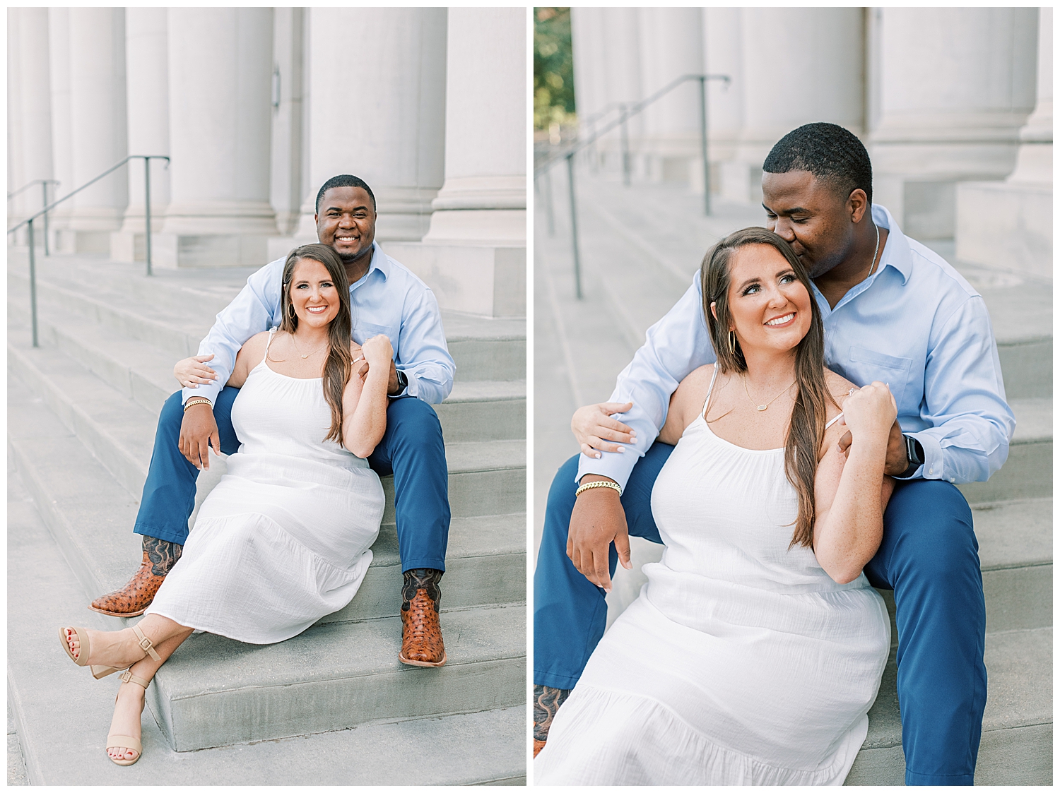 An engaged couple sits on the steps of the Trent Lott National Center at Southern Mississippi University.