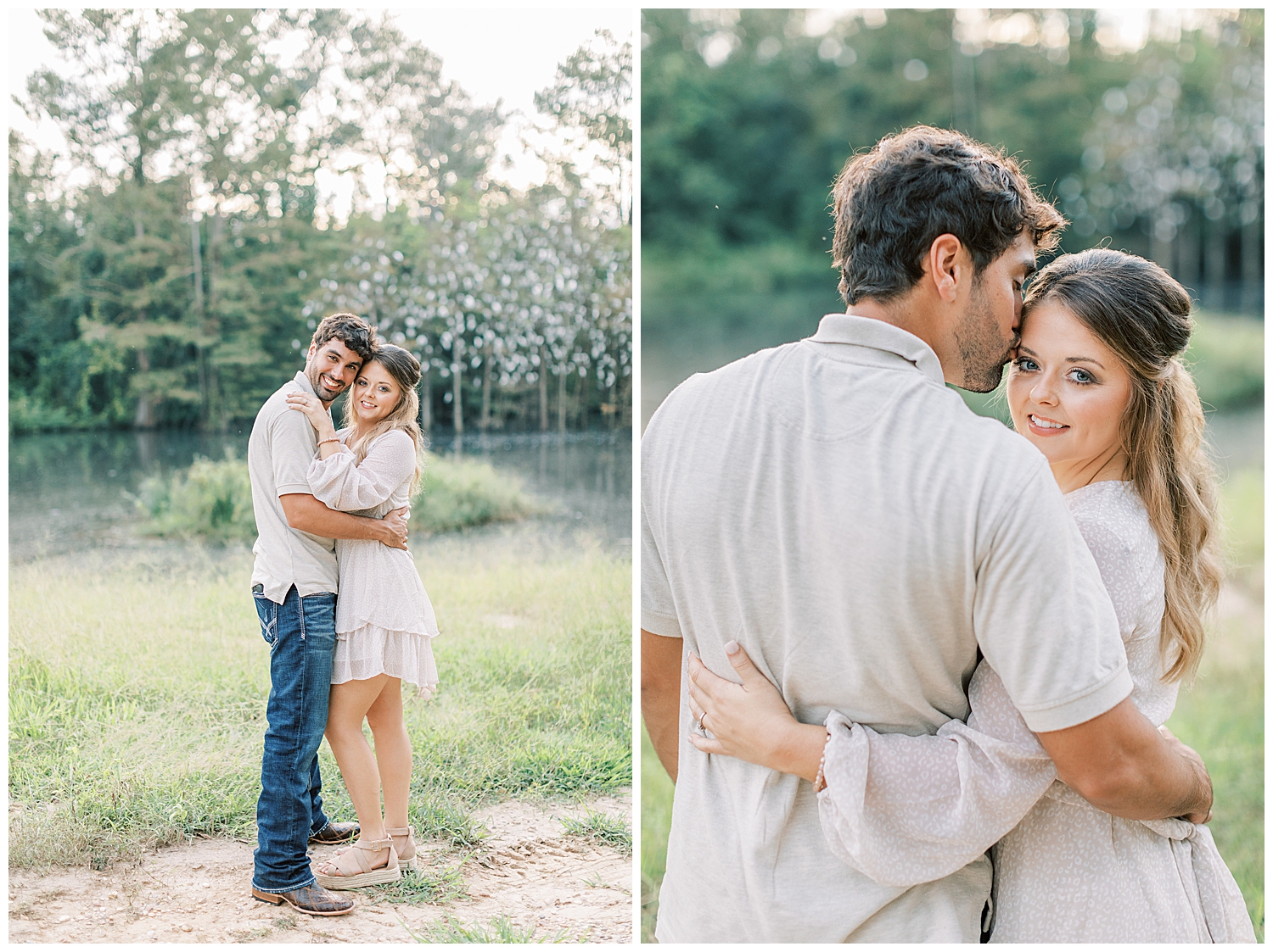 A couple kisses in the summer engagement photos.