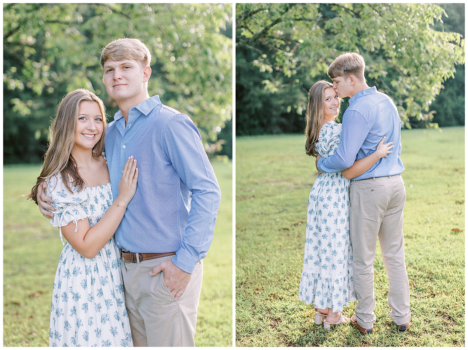 A couple smiles in the sunrise engagement photos.
