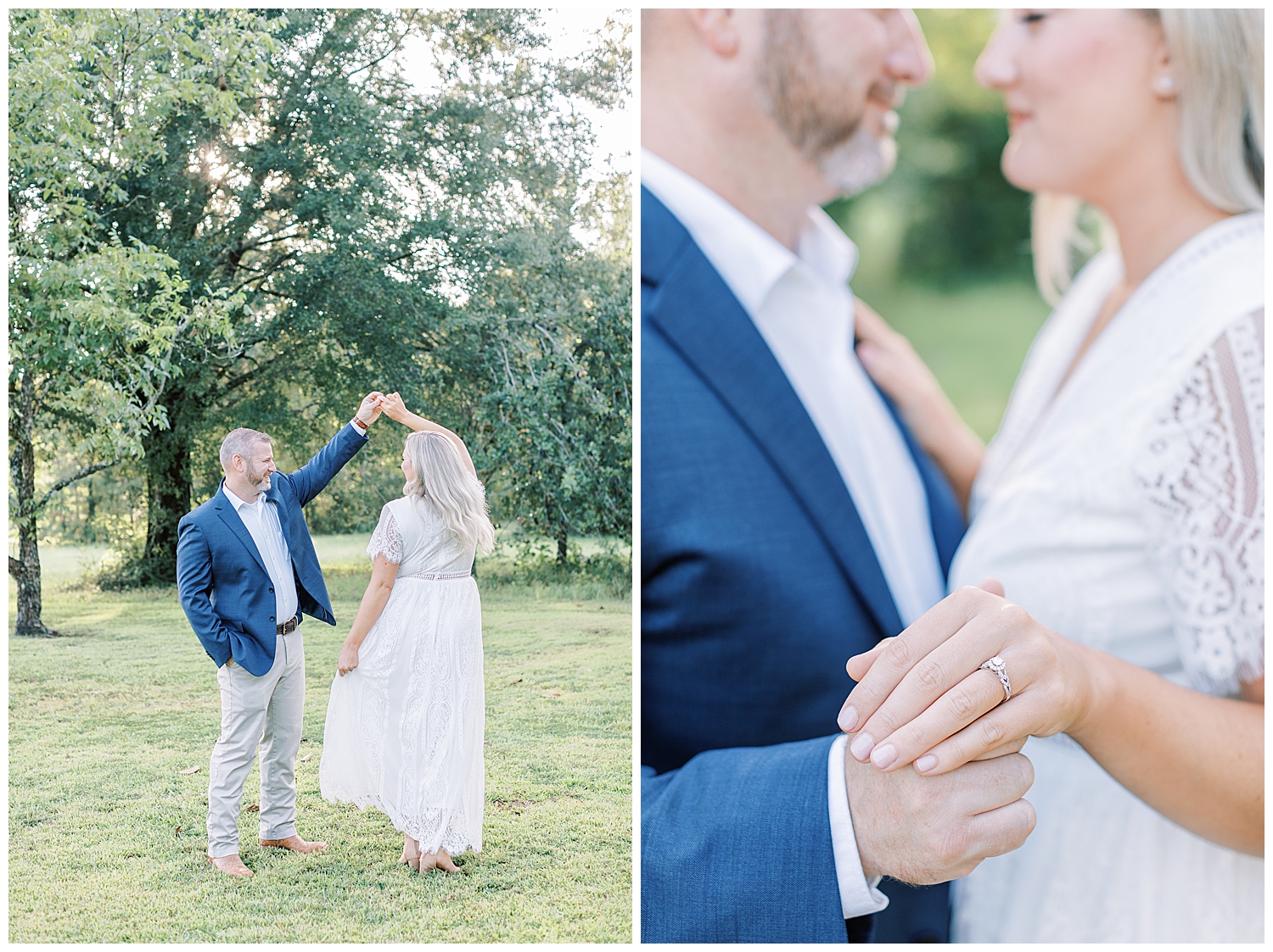 An engaged couple dances in a field while wearing nice clothes.