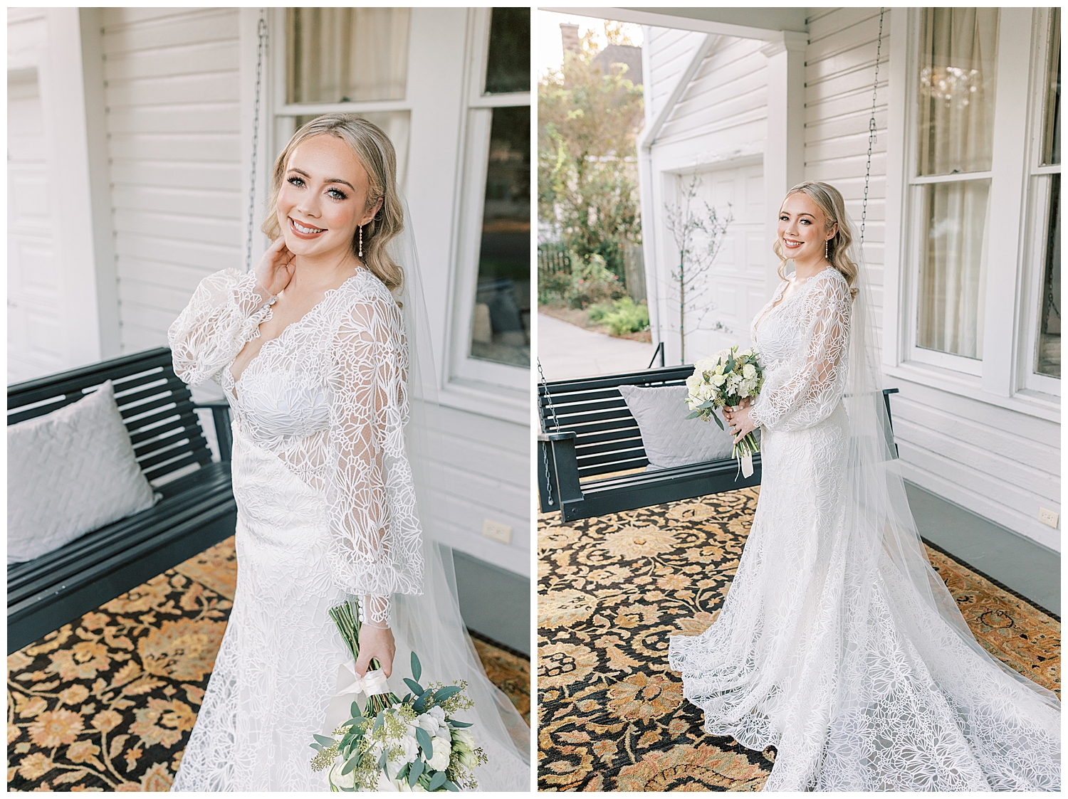 A bride stands on the porch.