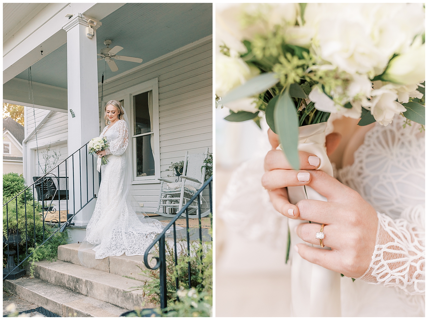 A bride looks down at her bouquet on the porch of The Bay Bed & Breakfast.