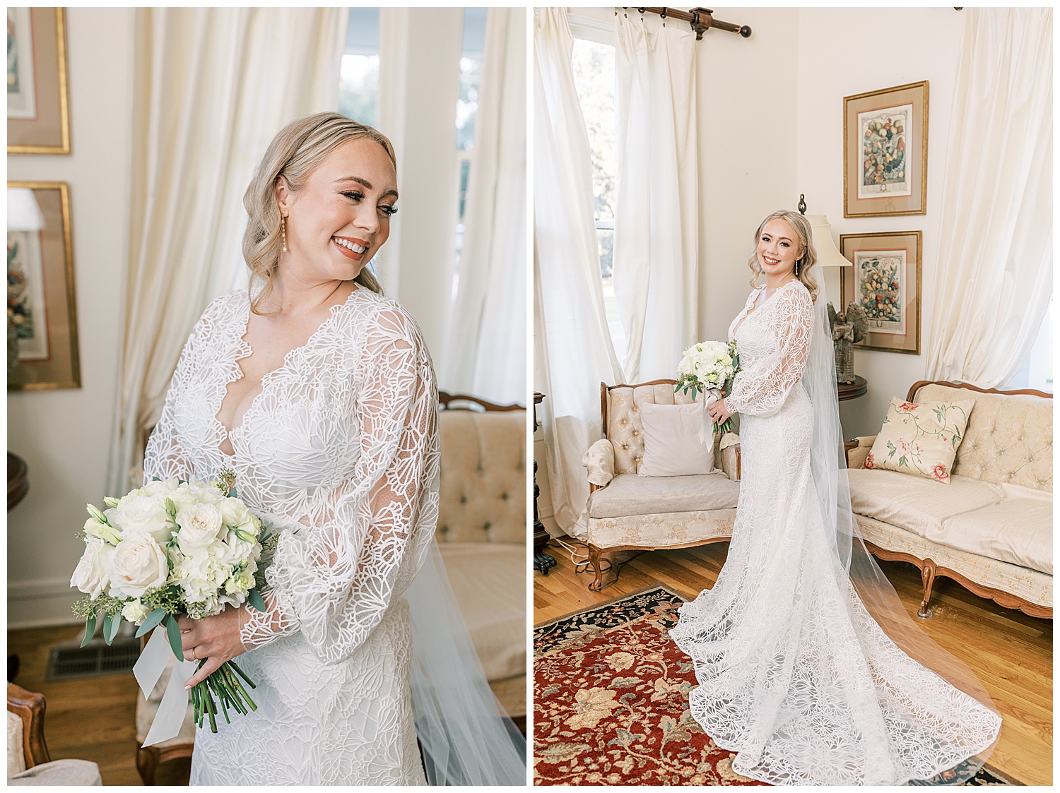 A bride laughs while standing inside The Bay Bed & Breakfast.