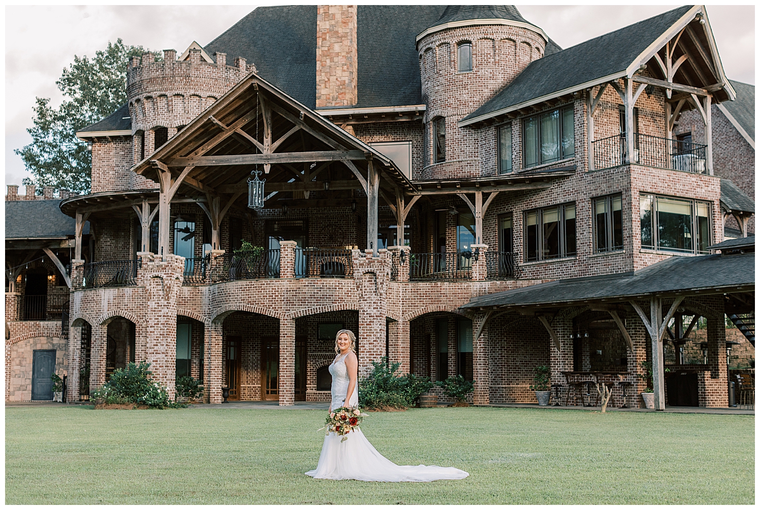 A bride stands in front of Three Lakes Manor.