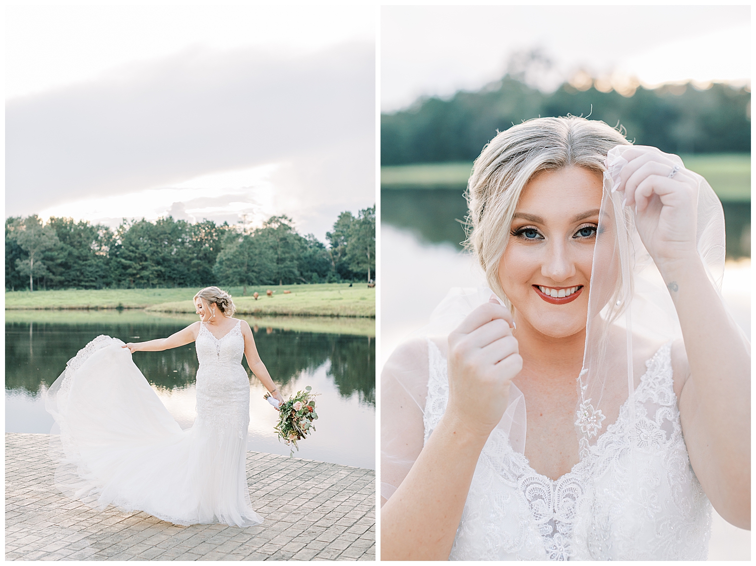 A bride stands in front of a lake at Three Lakes Manor.