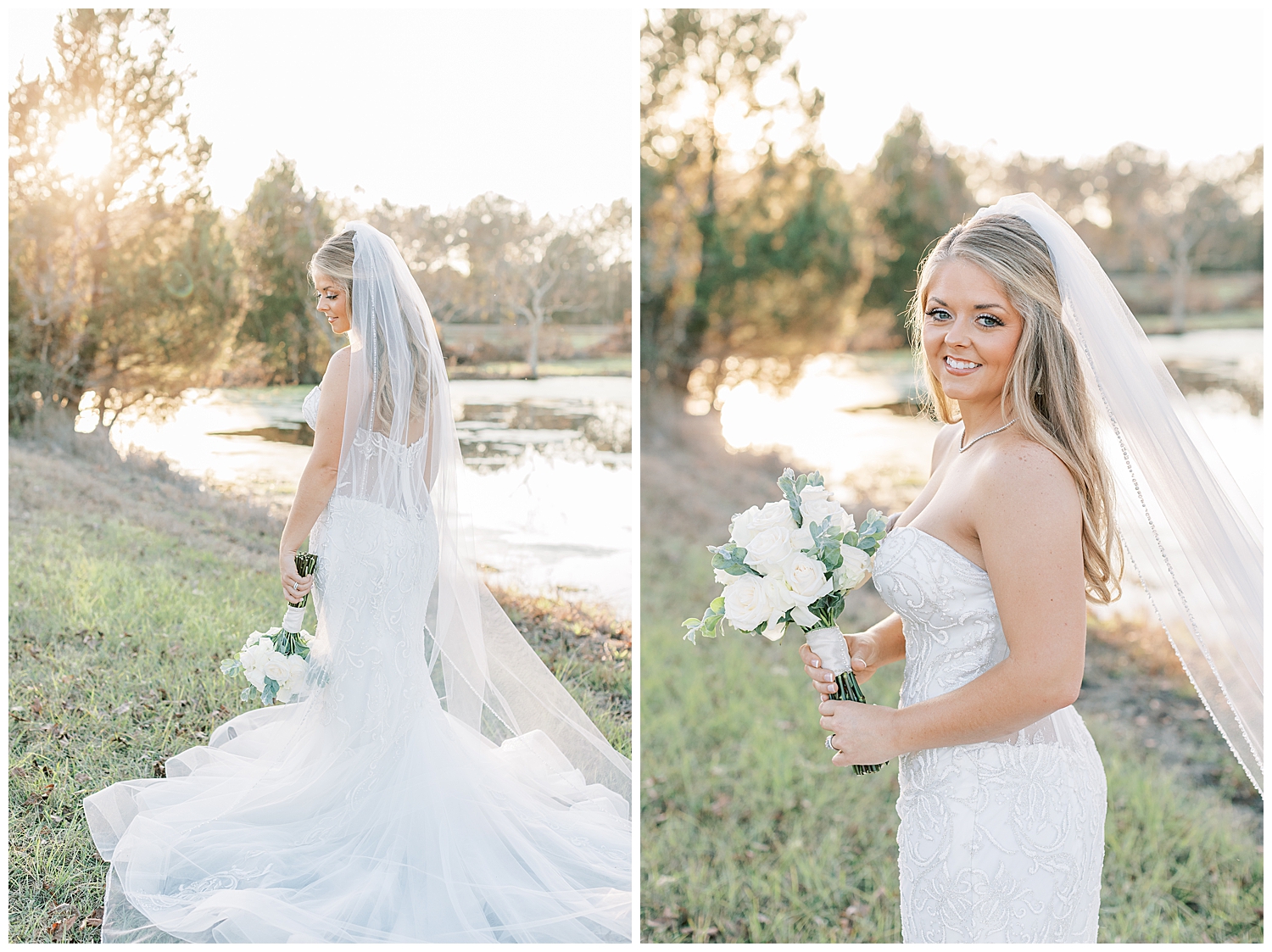 A bride laughs while standing in front of a pond at Sullivan Barn.
