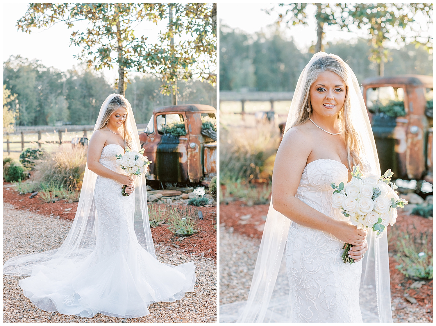 A bride smiles down at her bouquet while standing in front of a rustic truck.