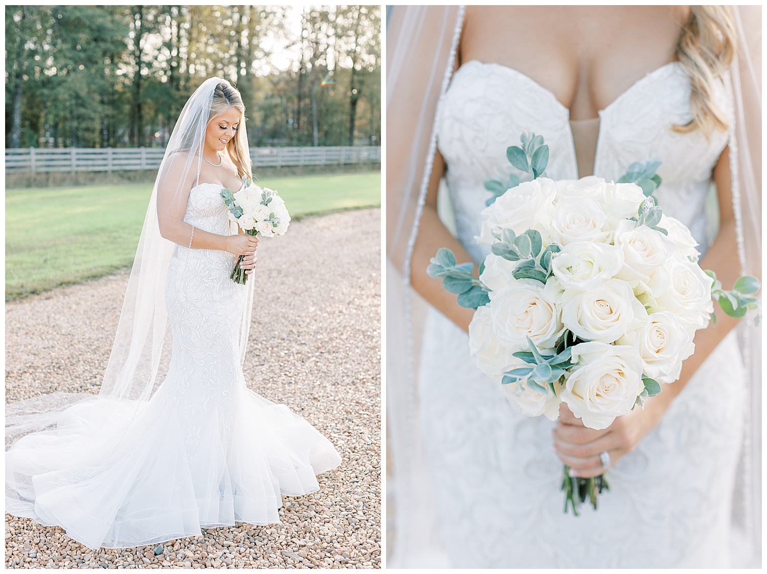 A bouquet of white roses is being held.