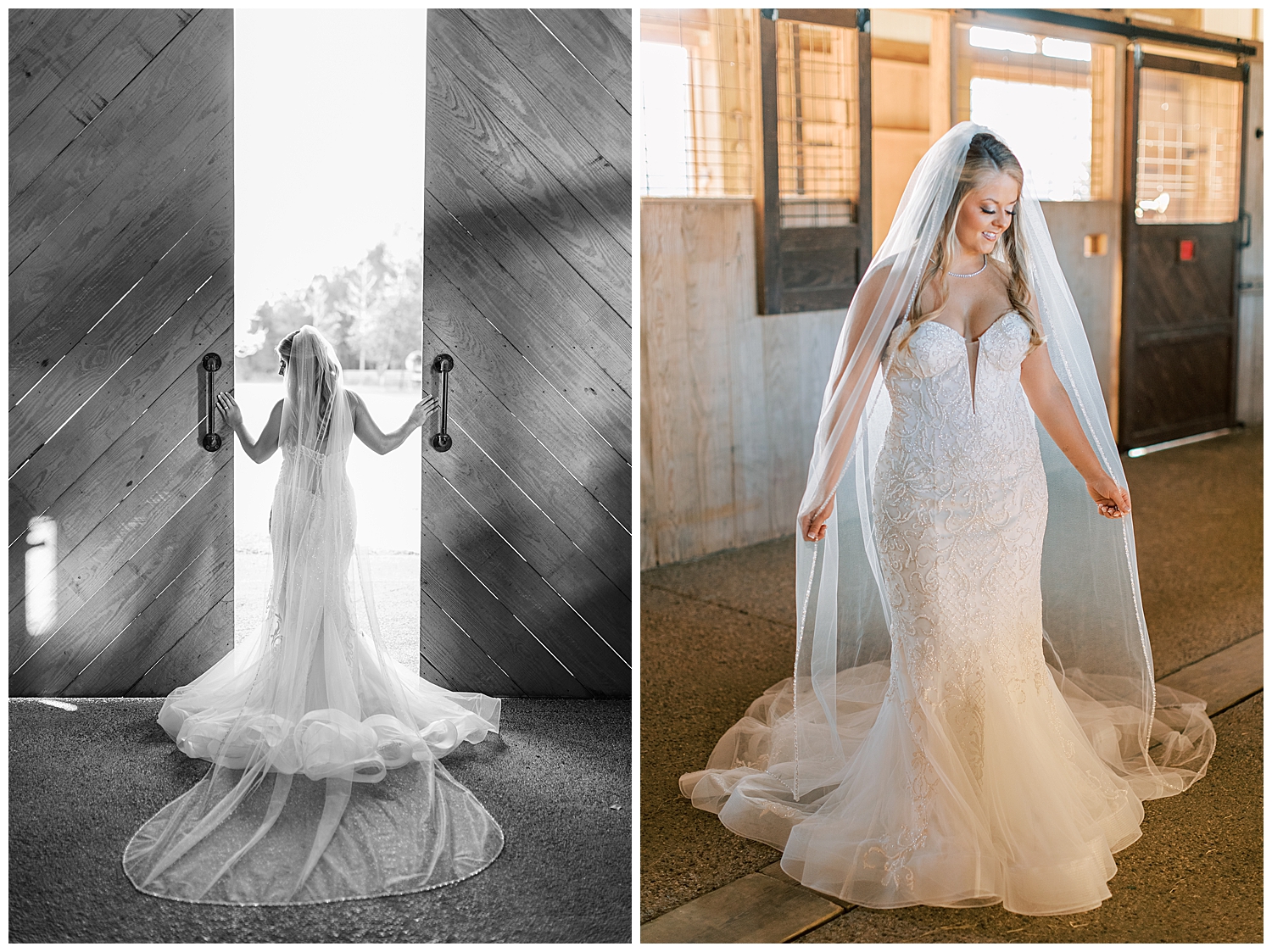 A bride twirls her veil in the stables.