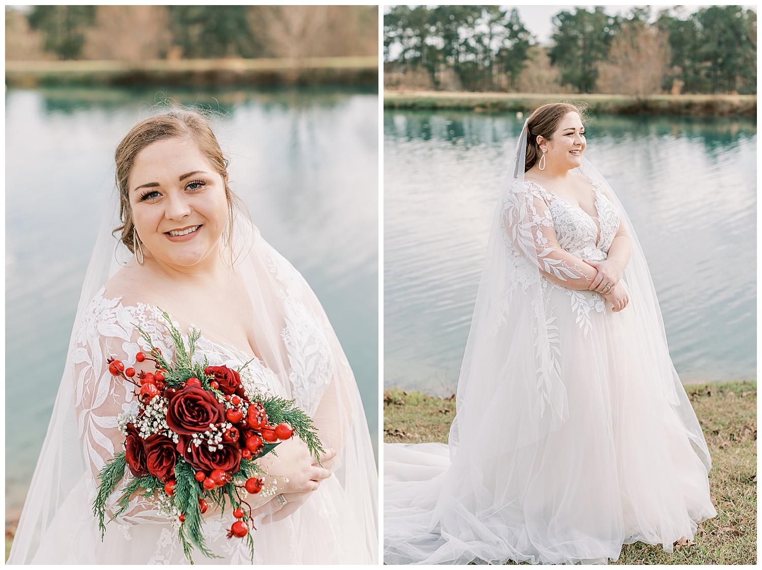 A bride stands in front of the lake at Green Gates Farmhouse.