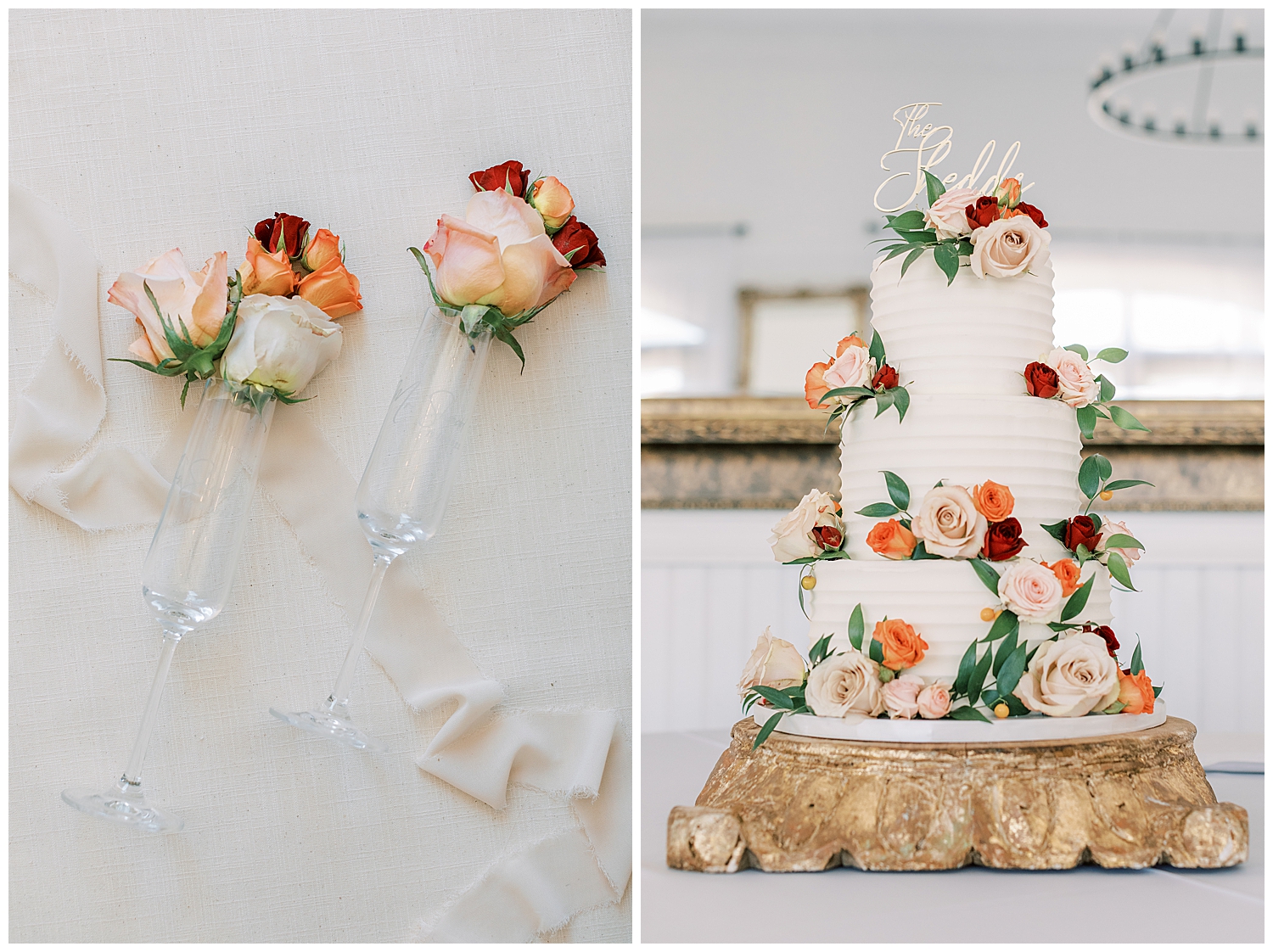 Flowers sit on the wedding cake.