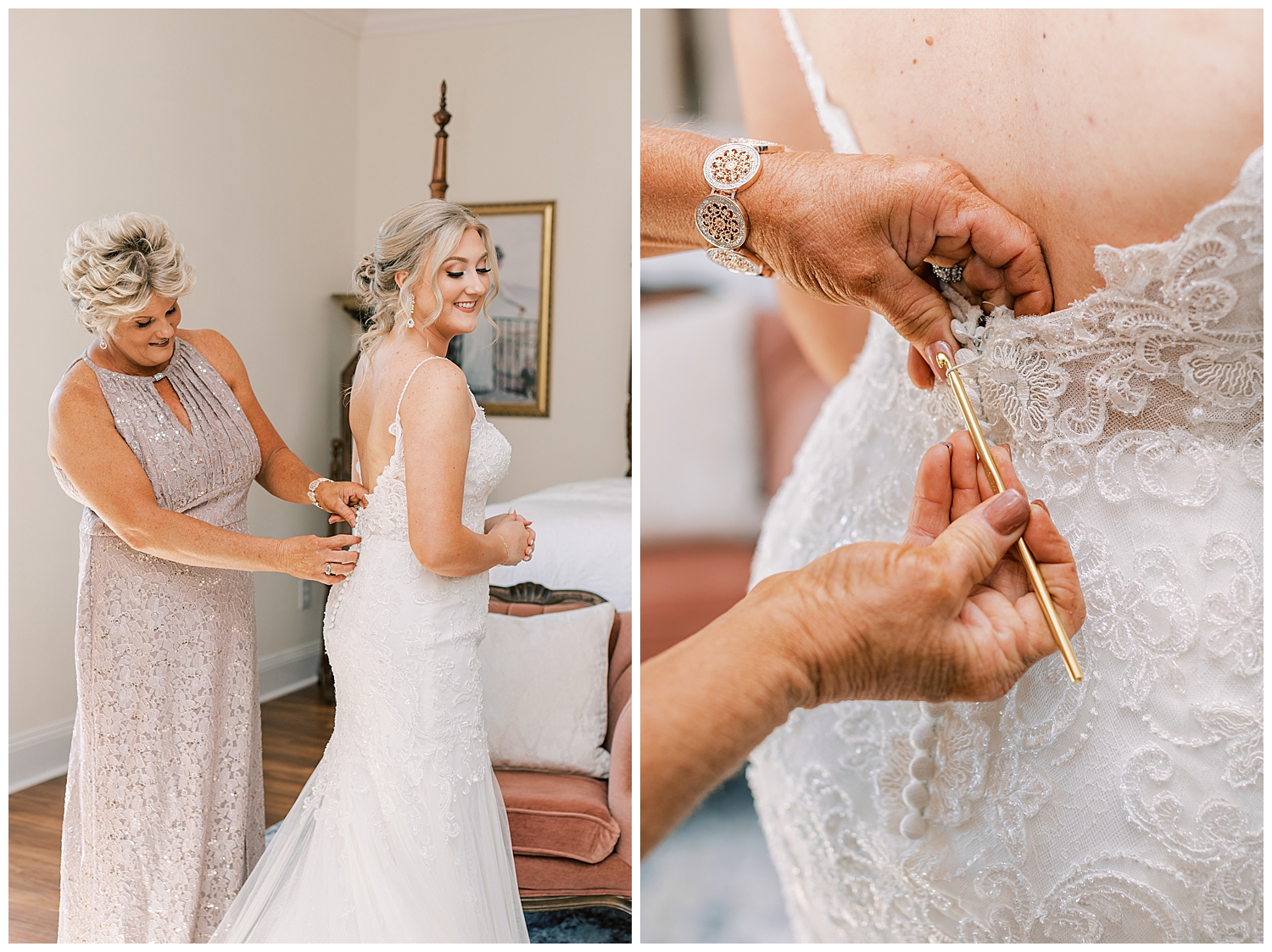 A bride gets dressed with the help of her mom.