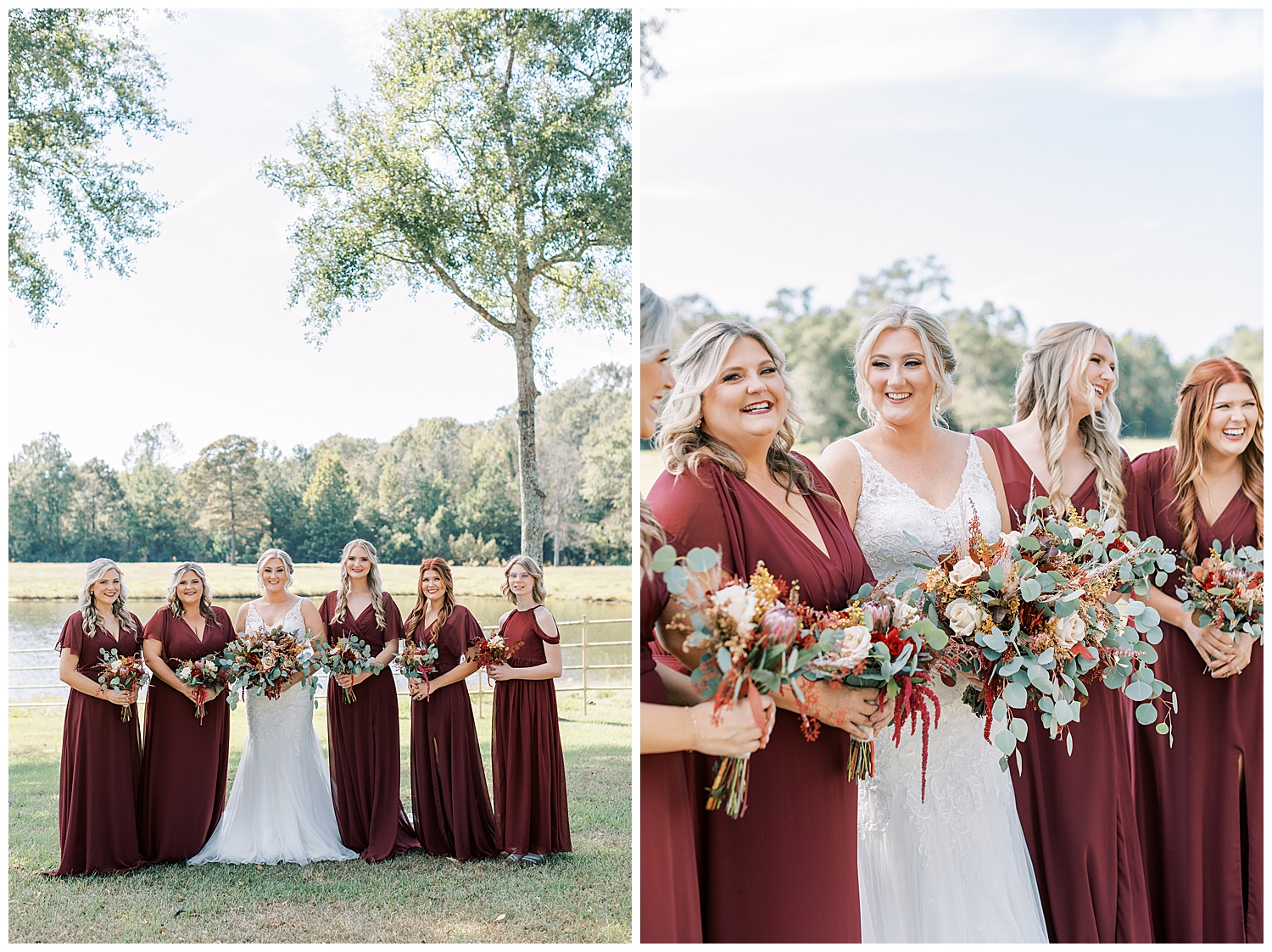 A bride laughs with the bridesmaids at Three Lakes Manor in Poplarville.