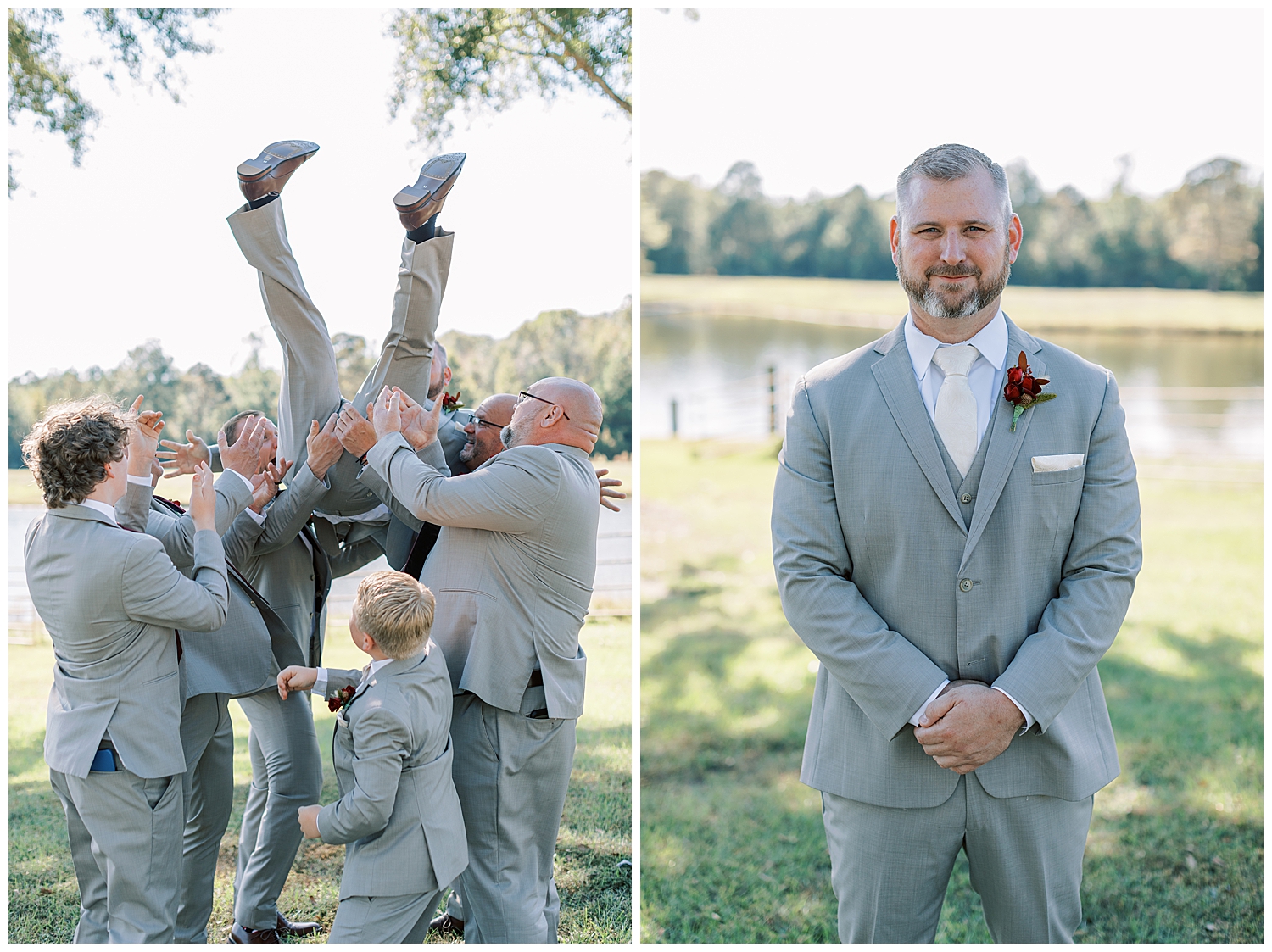 The groomsmen throw the groom into the air.