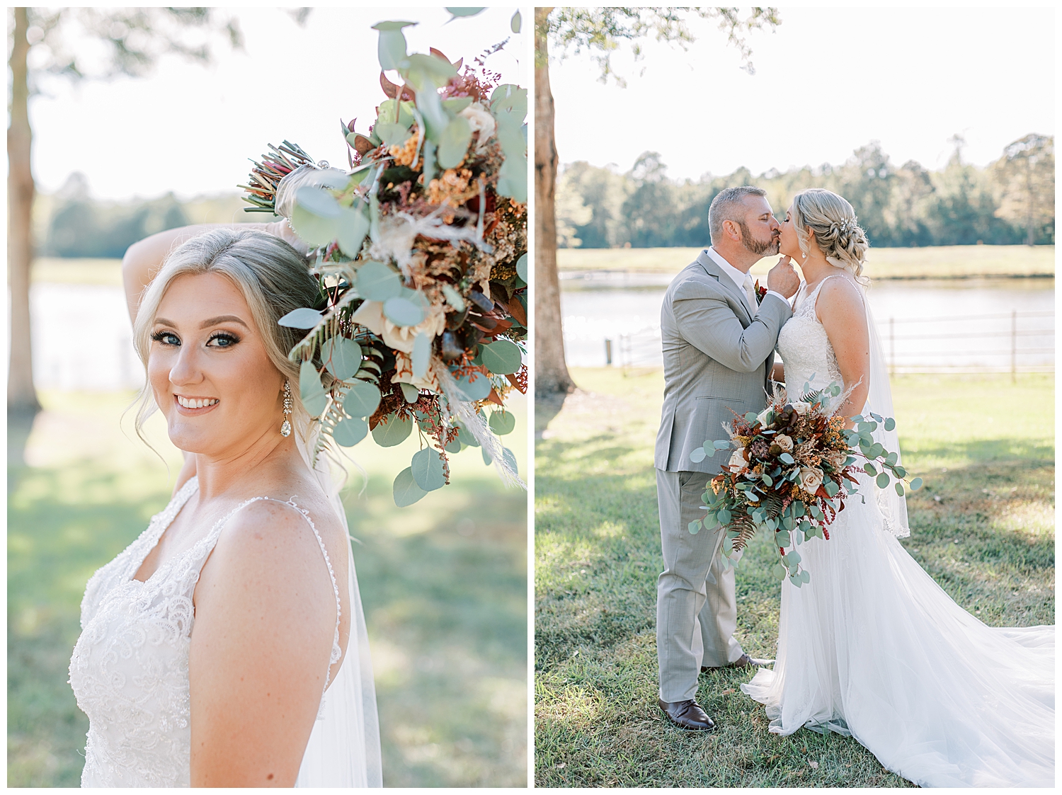 The bride and groom kiss in front of a lake at Three Lakes Manor in Poplarville.