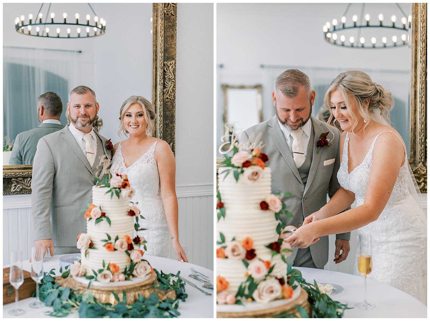 A husband and wife smile behind the cake.