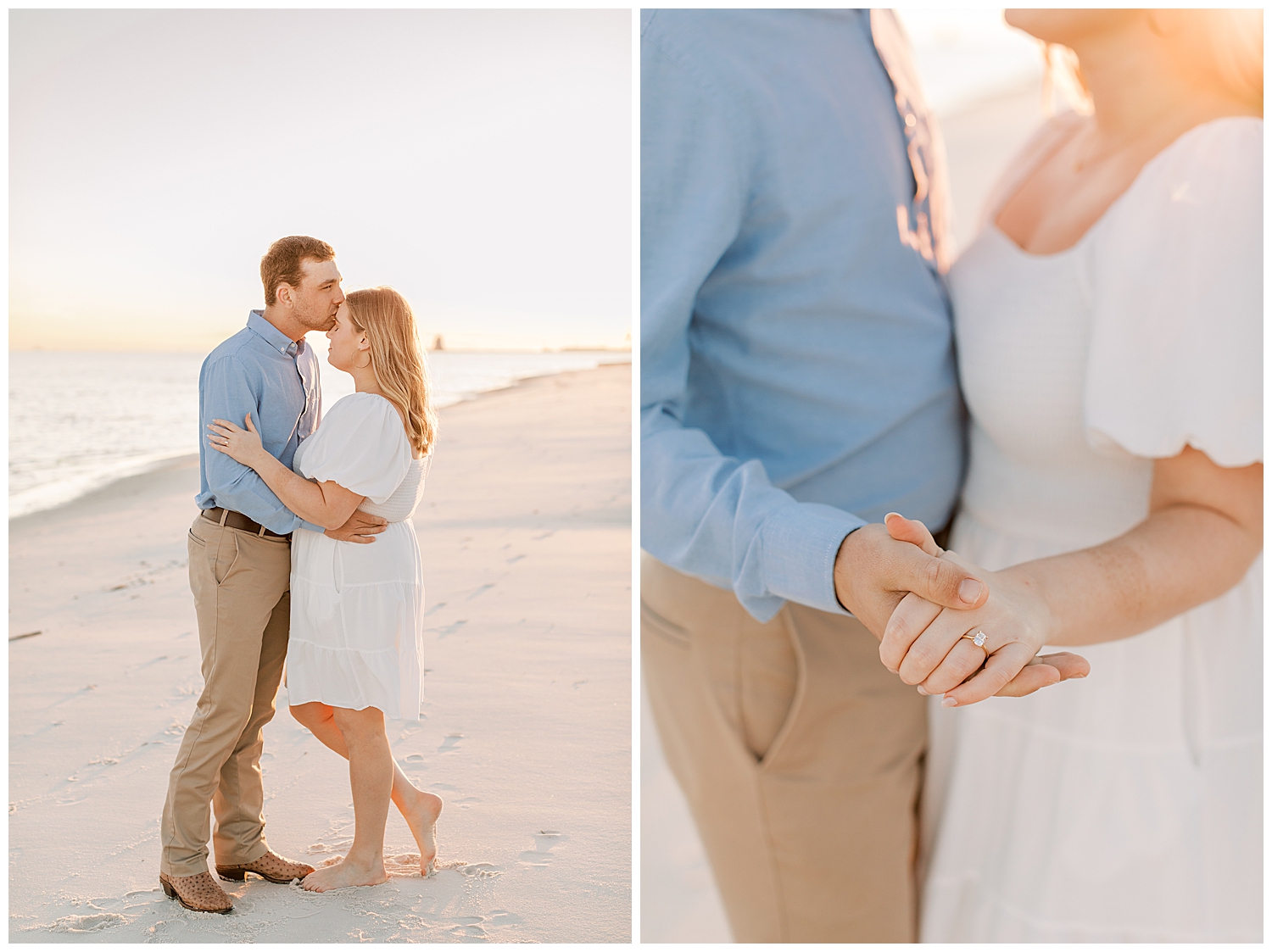 A couple takes engagement photos on the beach.