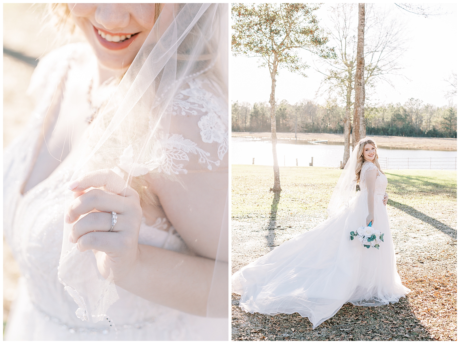 A bride stands in the grass while her dress blows in the wind.