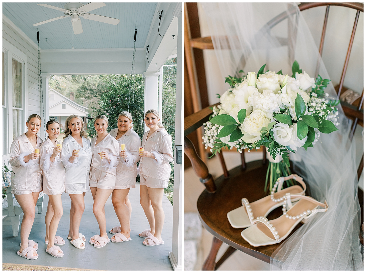 A bride smiles with the bridesmaids on the porch featured in Signature Magazine.