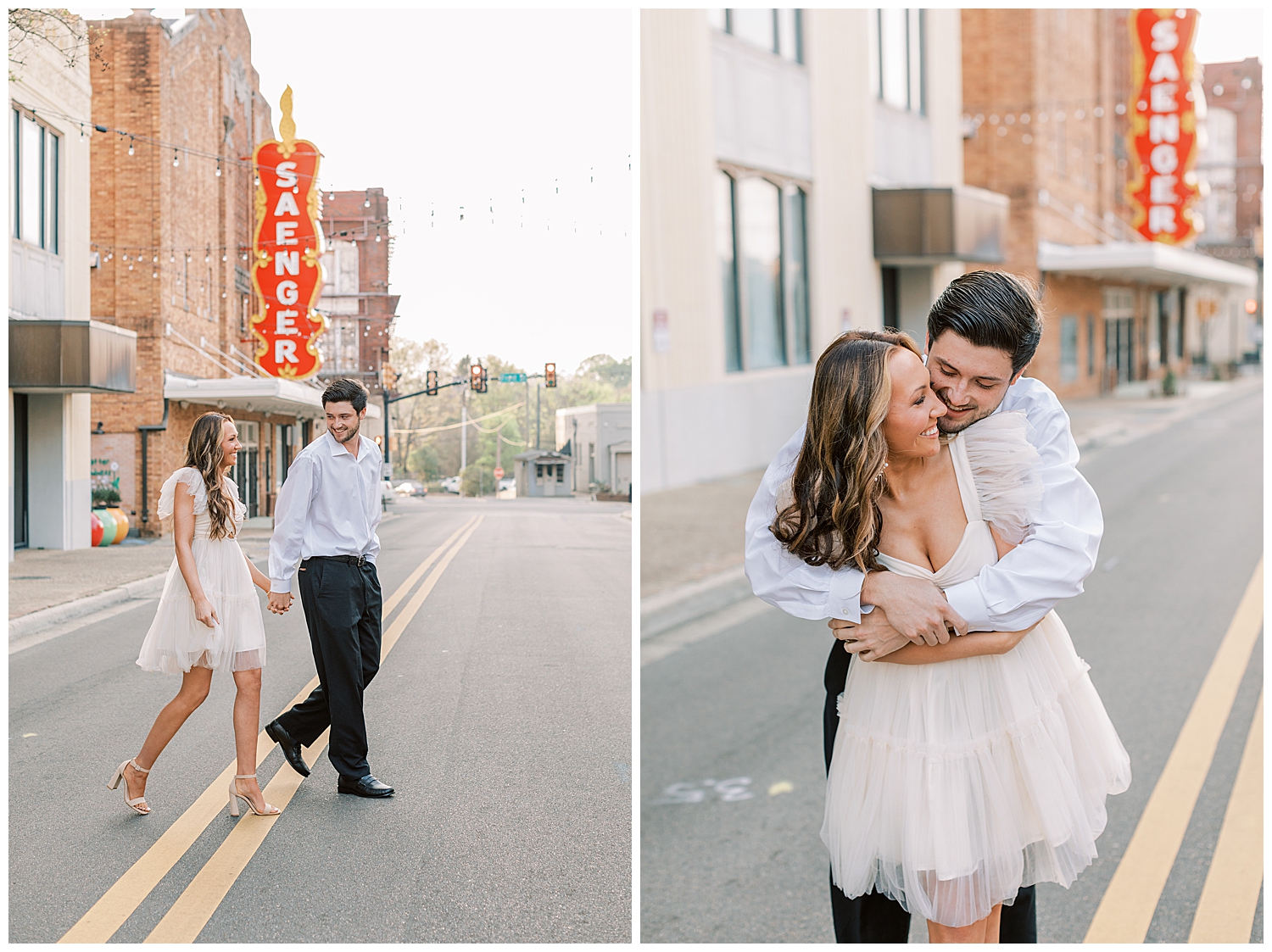 A couple walks the streets of downtown for their spring engagement photos.