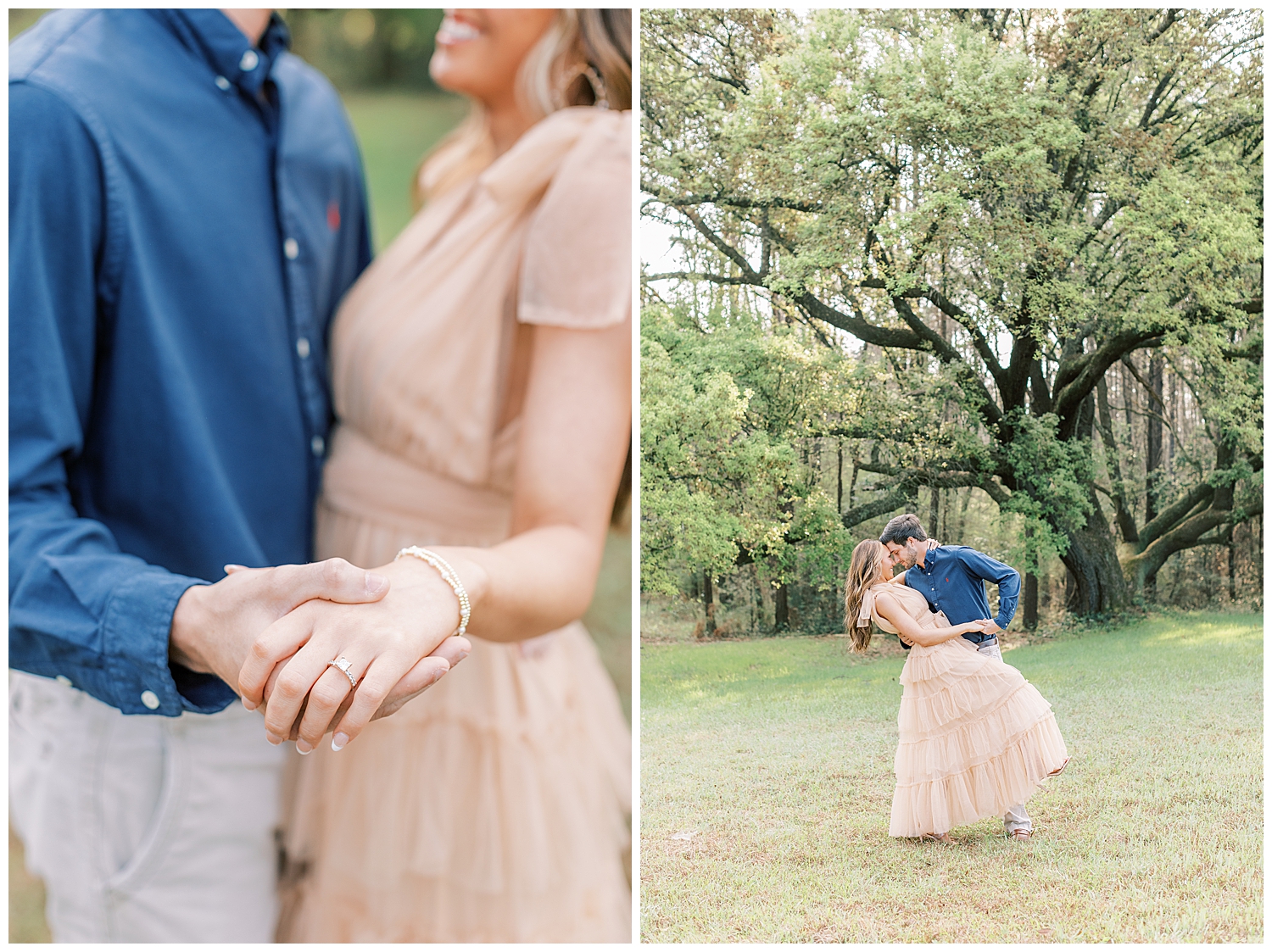 A couple shows off the engagement ring for their spring engagement photos.