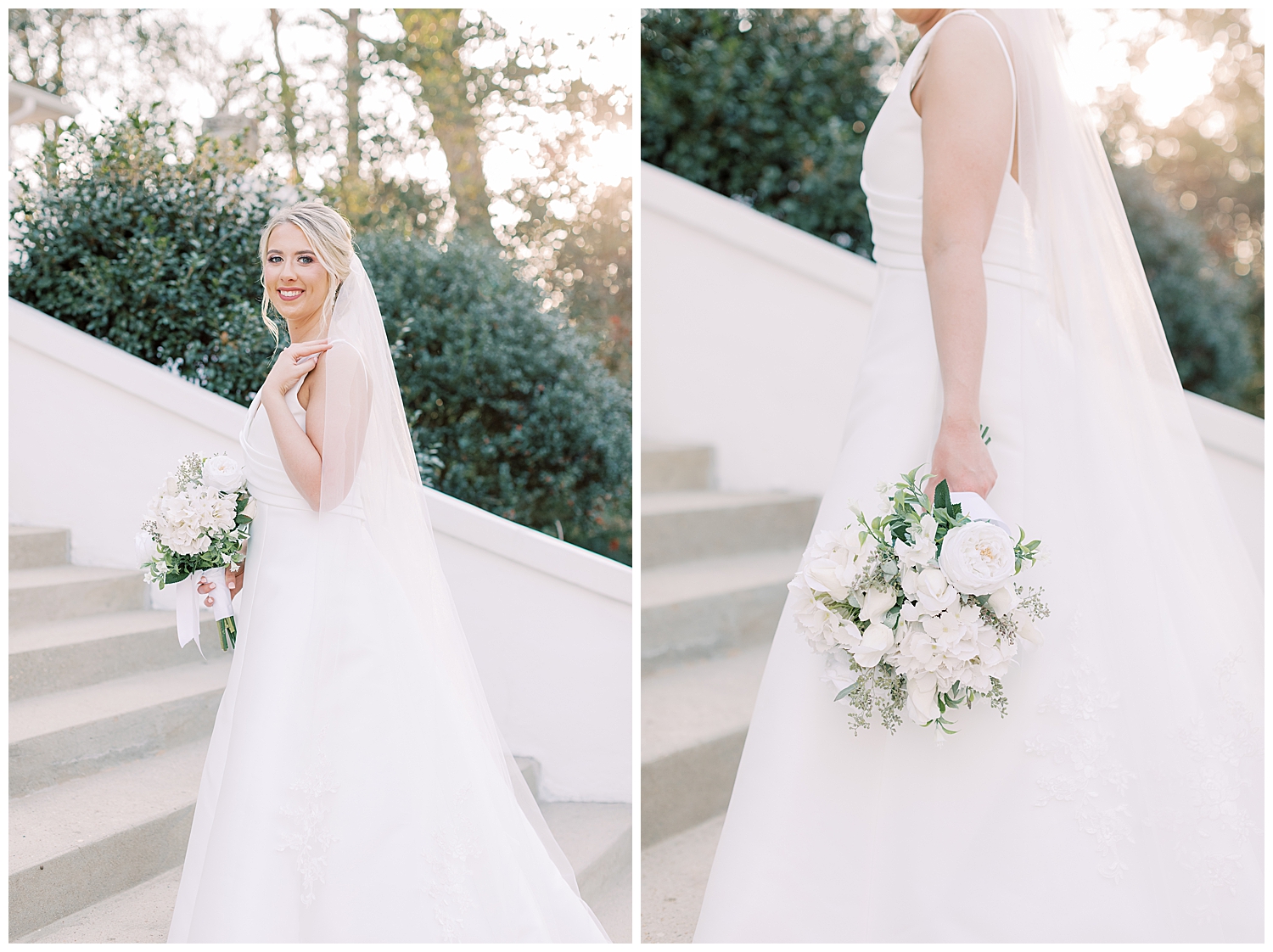 A bride places her hand on her shoulder.