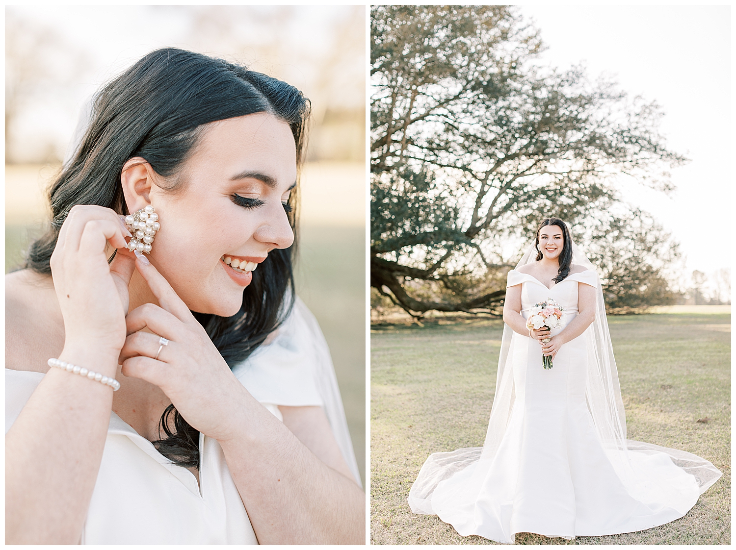 A bride puts on her cluster of pearls earrings.