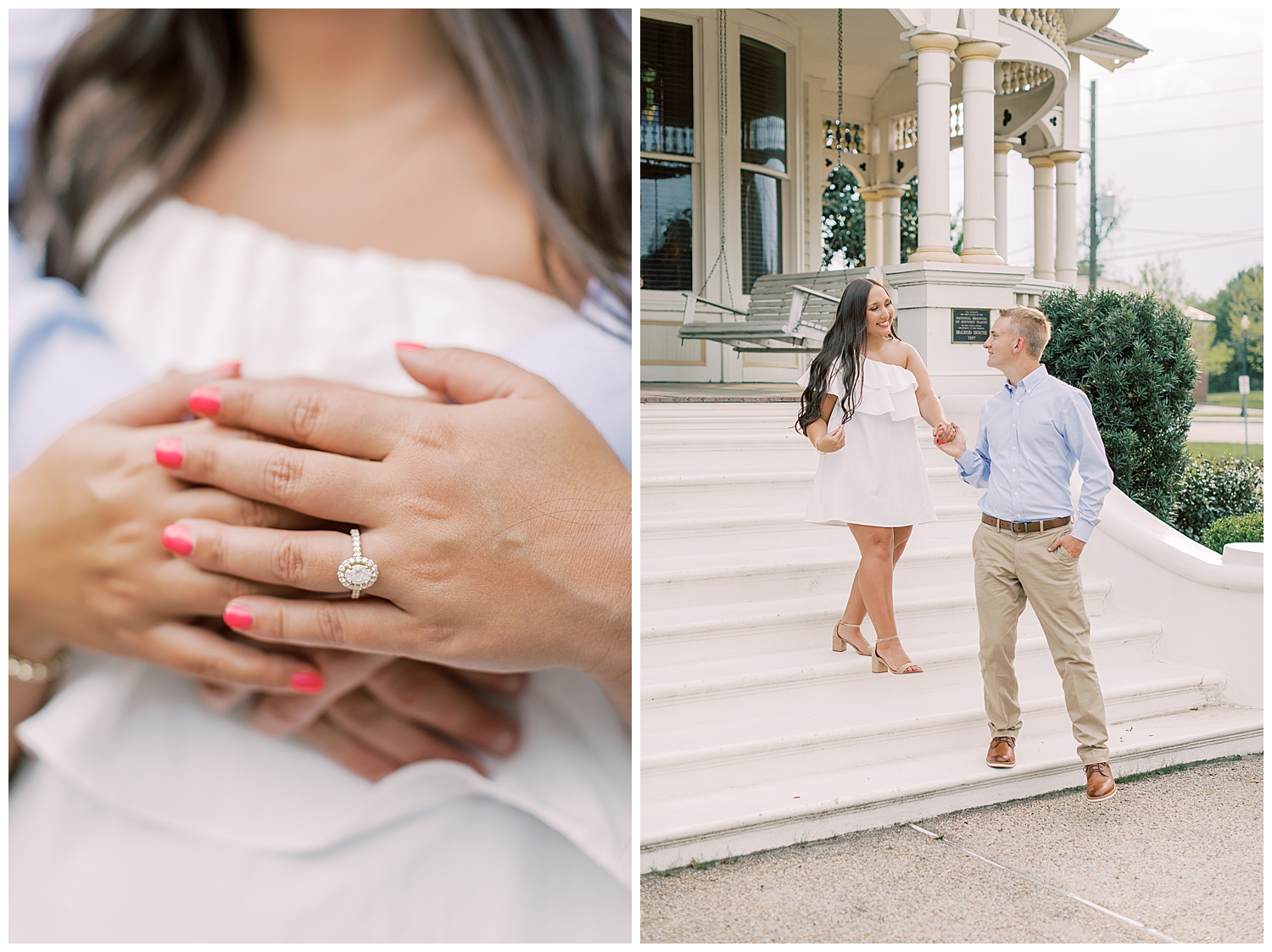 A couple walks down the steps for their Hattiesburg engagement session.