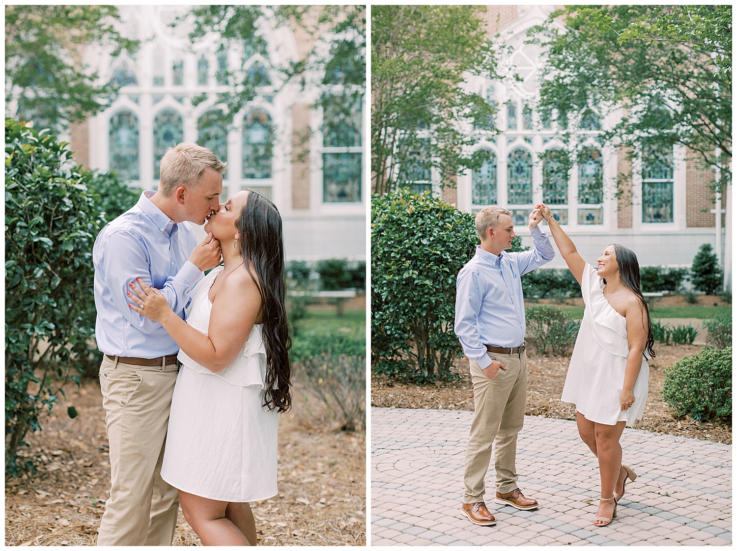 A couple kisses in front of stained glass.