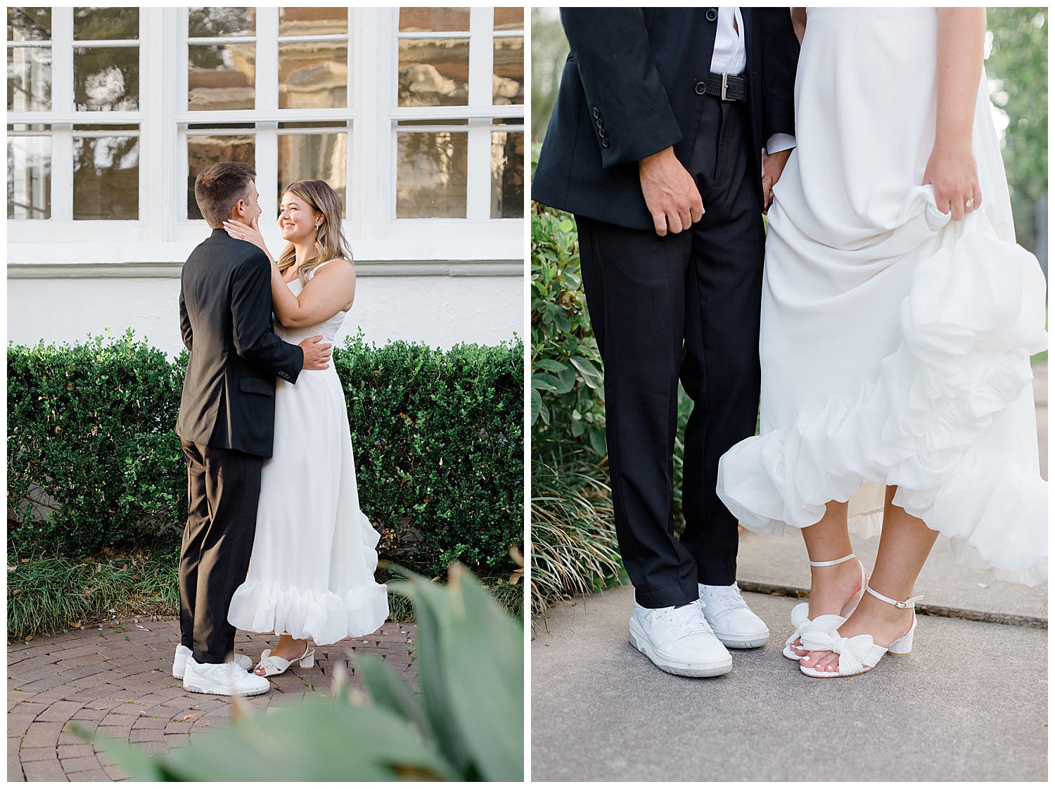 A couple wears white shoes for their engagement session.
