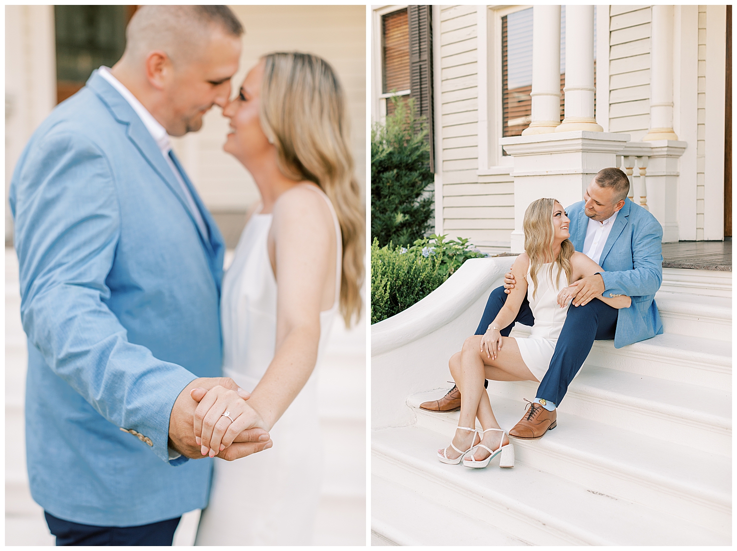 A couple sits on the steps at Deakle-Johnson Law Firm for their downtown Hattiesburg session.