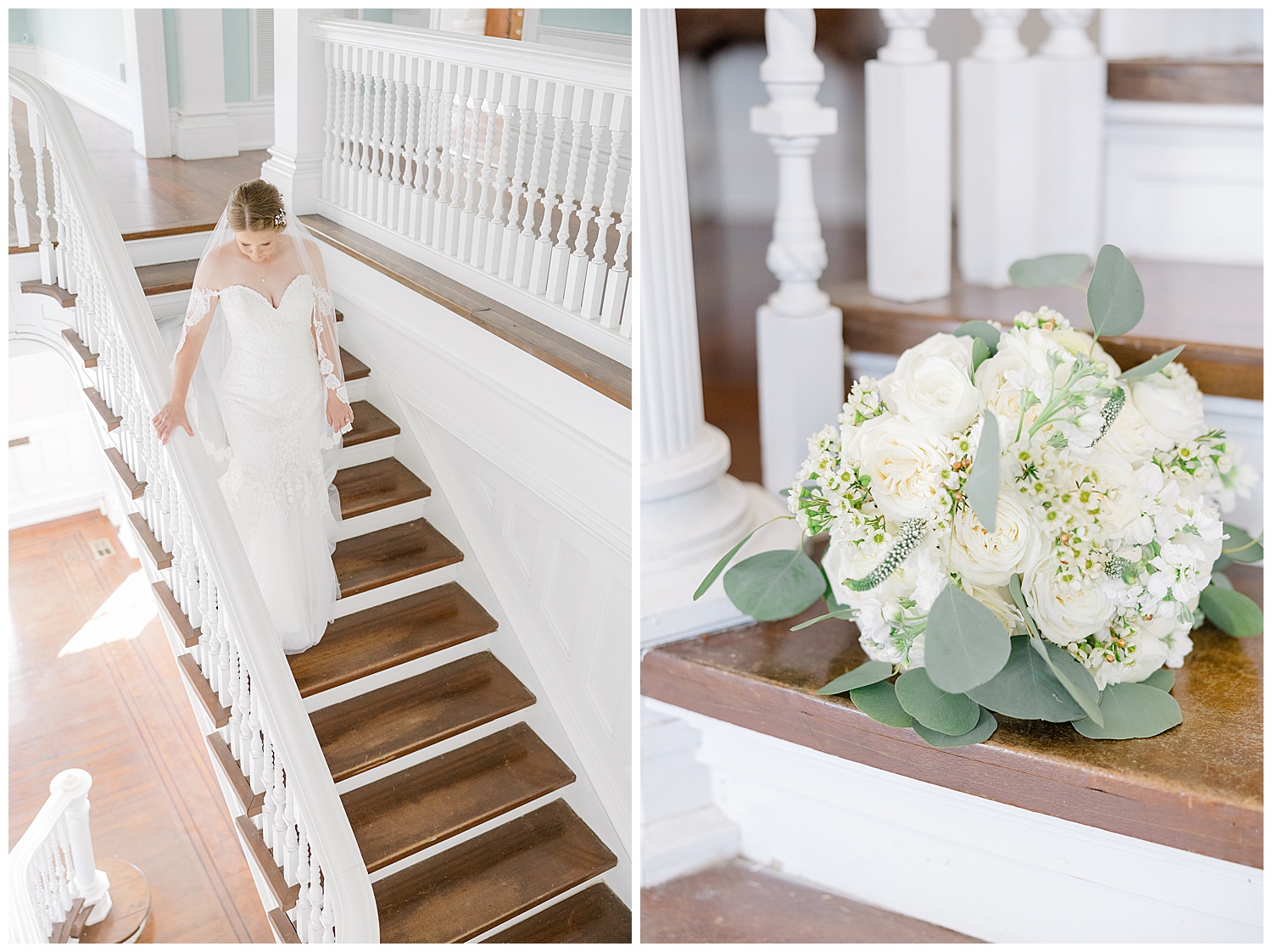 A bride walks down the stairs at Butterfield Mansion.