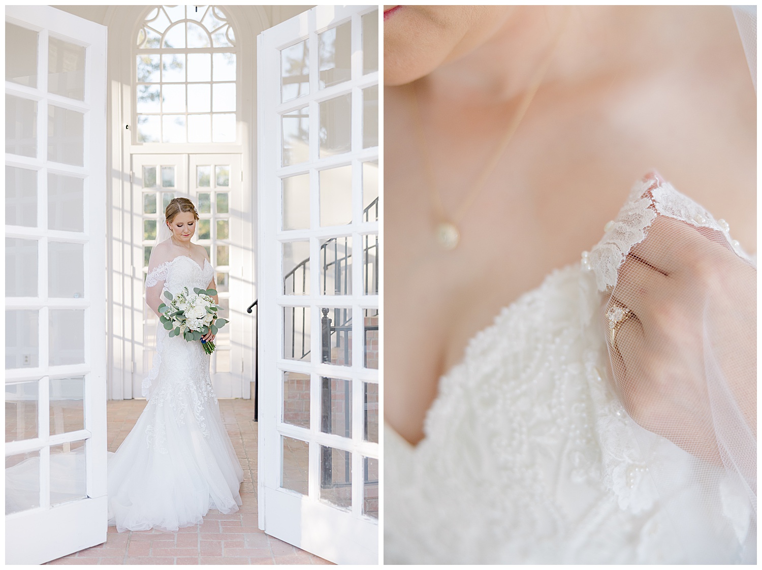 A bride stands in the sunroom.